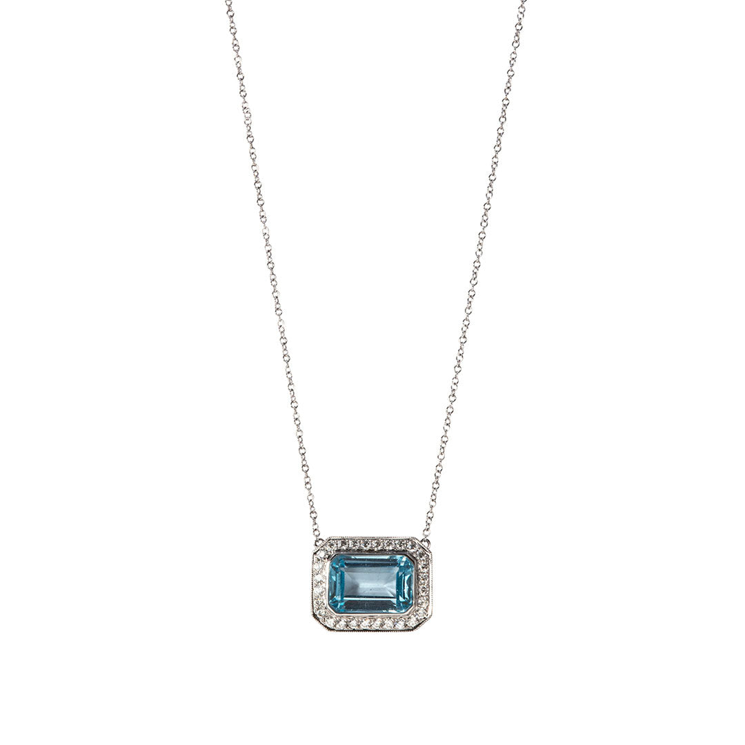 Exquisite 18K Gold Emerald Cut Blue Topaz & Diamond Pendant Necklace for Women | Elegant Jewelry Gift for Birthday, Anniversary & Special Occasions