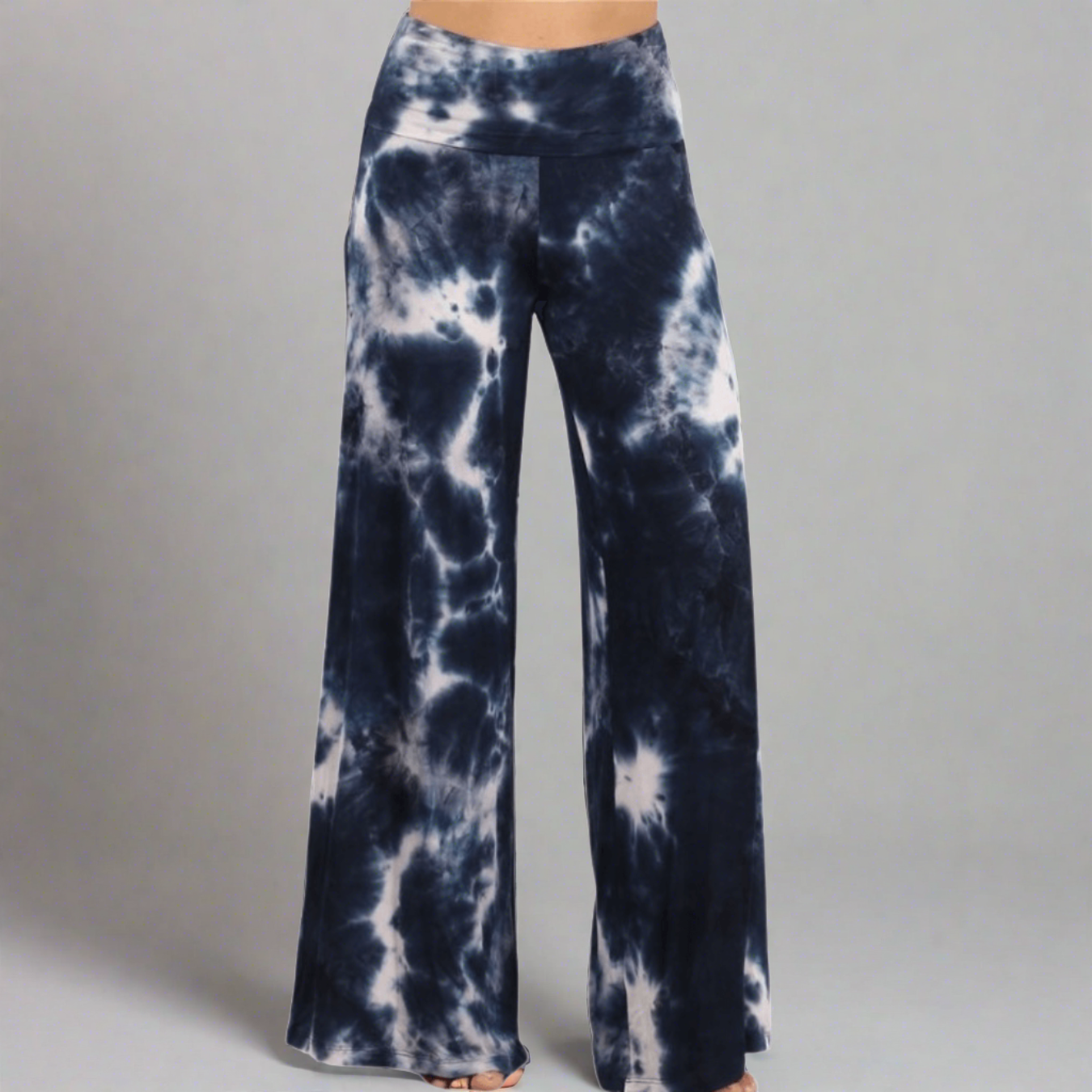 USA Made Navy Tie Dye Palazzo Pants for Women - Comfortable Beachwear & Lounge Pants for Vacation, Yoga, and Summer Outfits
