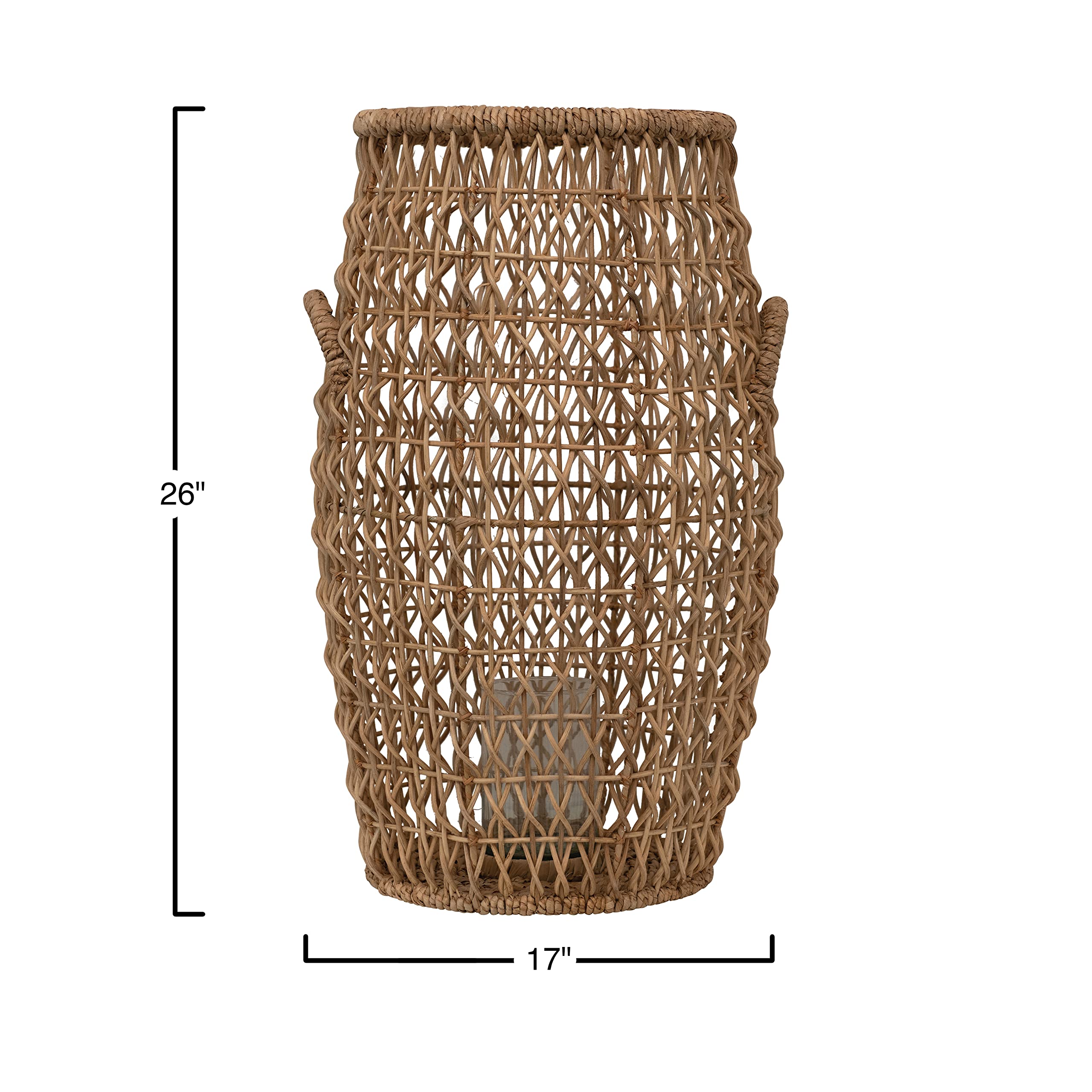 Bloomingville Natural Brown Rattan & Water Hyacinth Lantern with Glass Insert - Perfect for Patio, Garden, and Boho Home Decor