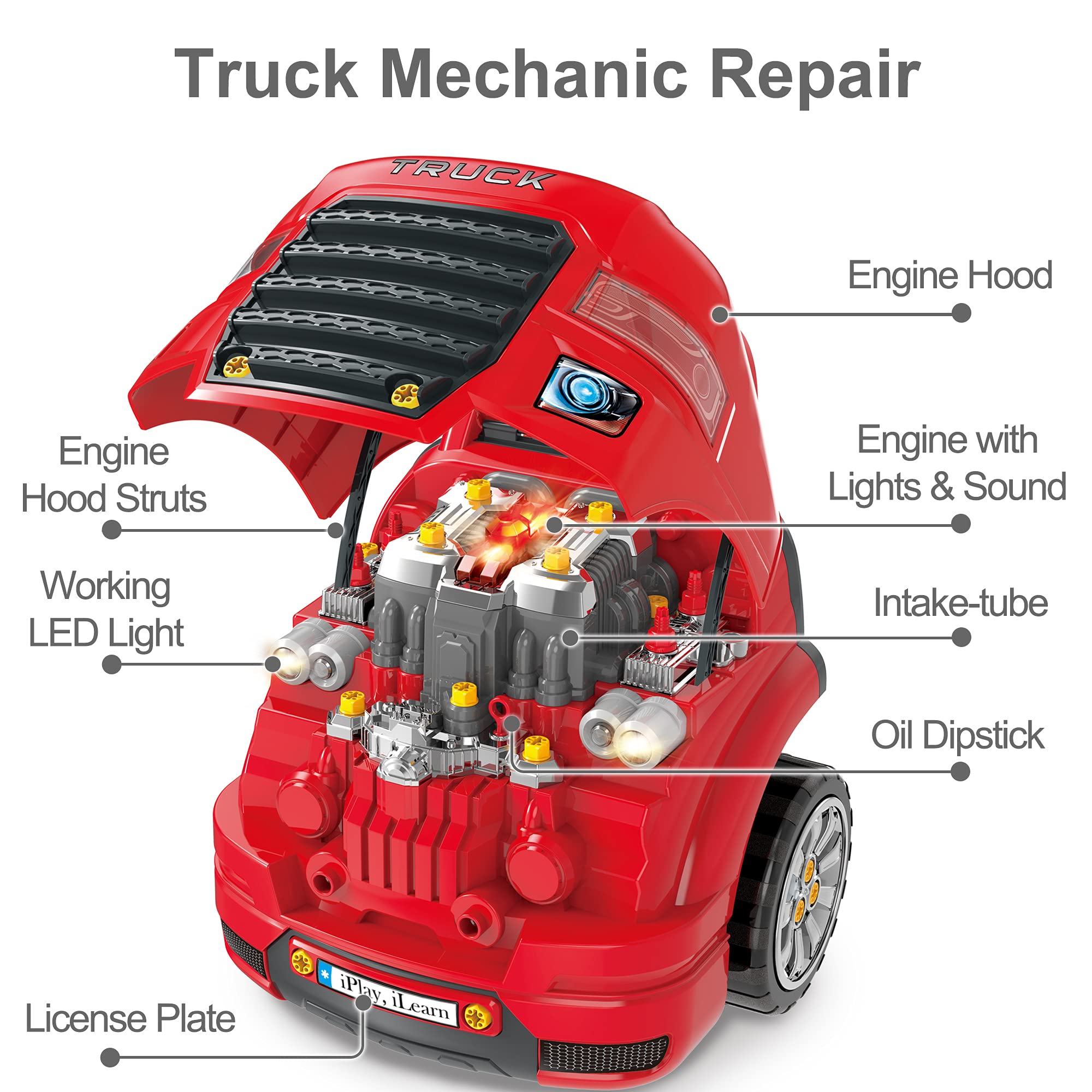 iPlay iLearn Large Truck Engine Toy for Kids - Take Apart Mechanic Repair Set, Pretend Play Car Service Station for Toddlers Ages 3-8 - Educational STEM Building Kit for Boys & Girls - Perfect Birthday Gift & Learning Toy for Preschoolers (Great for Role Play, STEM Learning & Motor Skill Development)