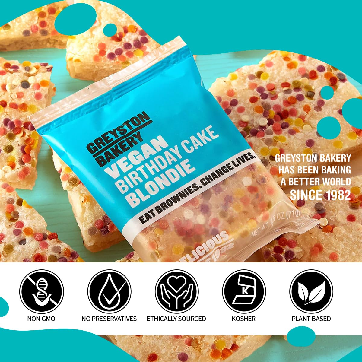 Vegan Birthday Cake Blondies with Sprinkles - Kosher Certified, Preservative-Free, Pack of 8 Individually Wrapped 2.5 oz Bars - Delicious Dessert Treats for Parties, Gifts & Holiday Celebrations | Perfect for Birthdays, Office Snacks & Special Occasions