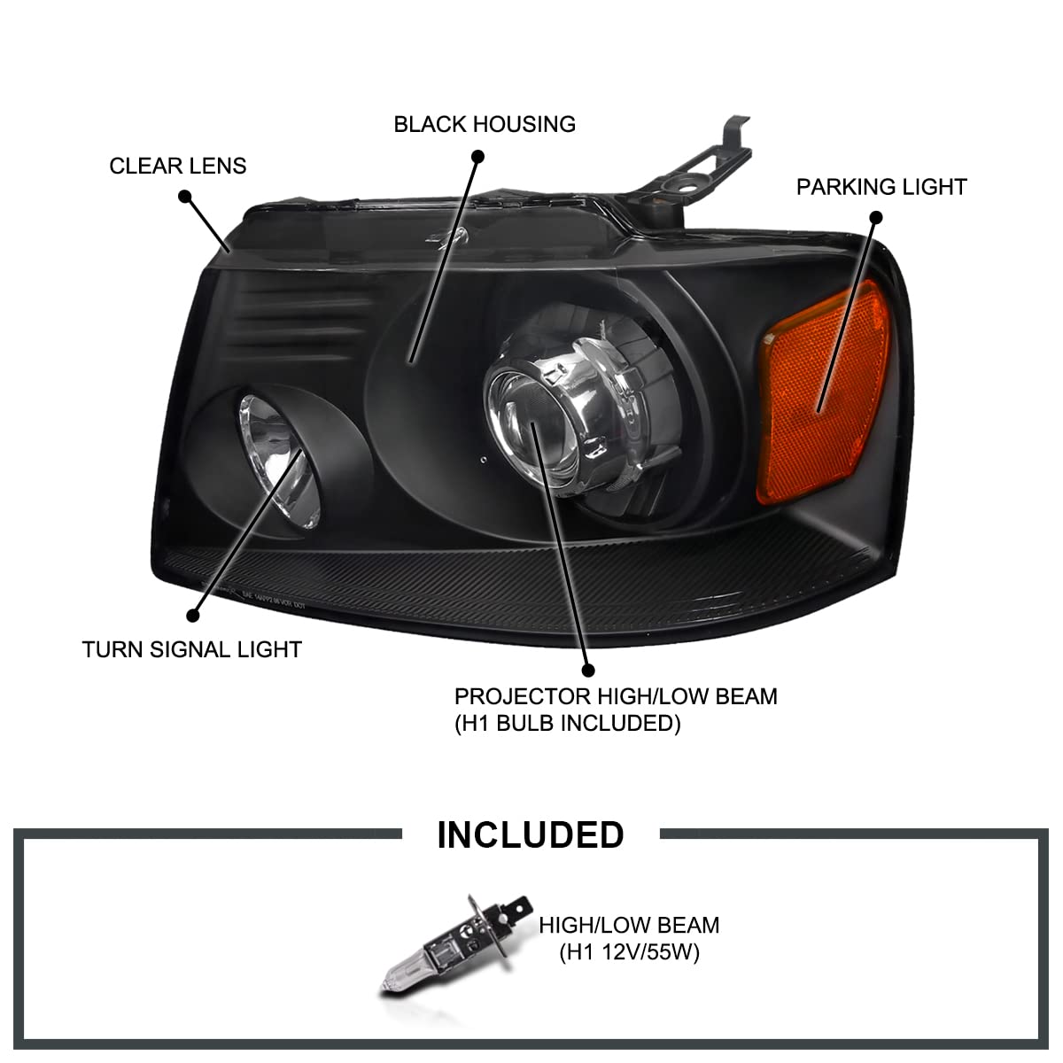 Spec-D Tuning Black Projector Headlights for 2004-2008 Ford F150 & 2006-2008 Lincoln Mark LT - Retrofit Style Headlamp Assembly Pair (Left + Right) - Upgrade Night Driving Visibility & Style