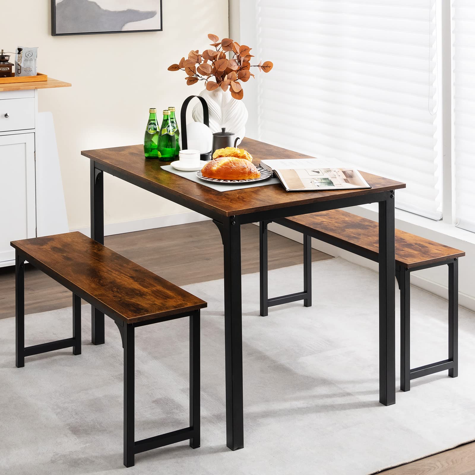 Giantex 4-Piece Industrial Dining Table Set with 2 Benches - Space Saving Kitchen Table for Breakfast Nook, Small Dining Room & Apartment - Easy Assembly Mix Brown - Perfect for Family Meals, Coffee Time & Small Space Living
