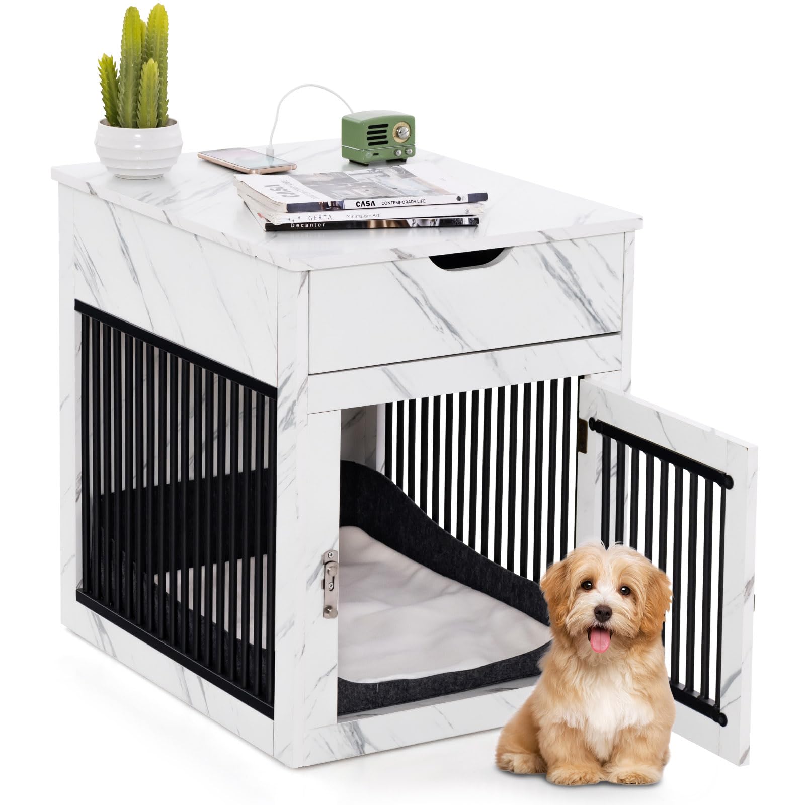 PETSITE Decorative Dog Crate End Table - Indoor Dog House for Small Dogs with USB & Wireless Charging Station, Storage Drawer - Marble White | Perfect for Living Room, Bedroom & Home Office Furniture