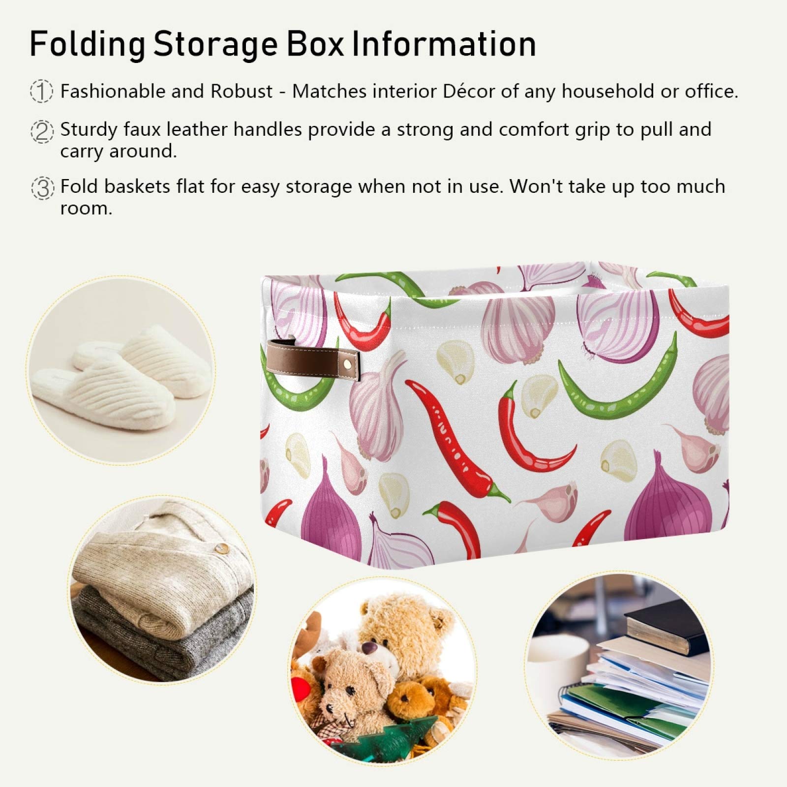 Large Foldable Storage Bins for Onions, Garlic & Peppers - 2 Pack Collapsible Fabric Baskets with PU Handles | Home Organization for Shelves, Closet, Bedroom & Living Room | Perfect for Kitchen Pantry, Grocery Storage & Farmhouse Decor