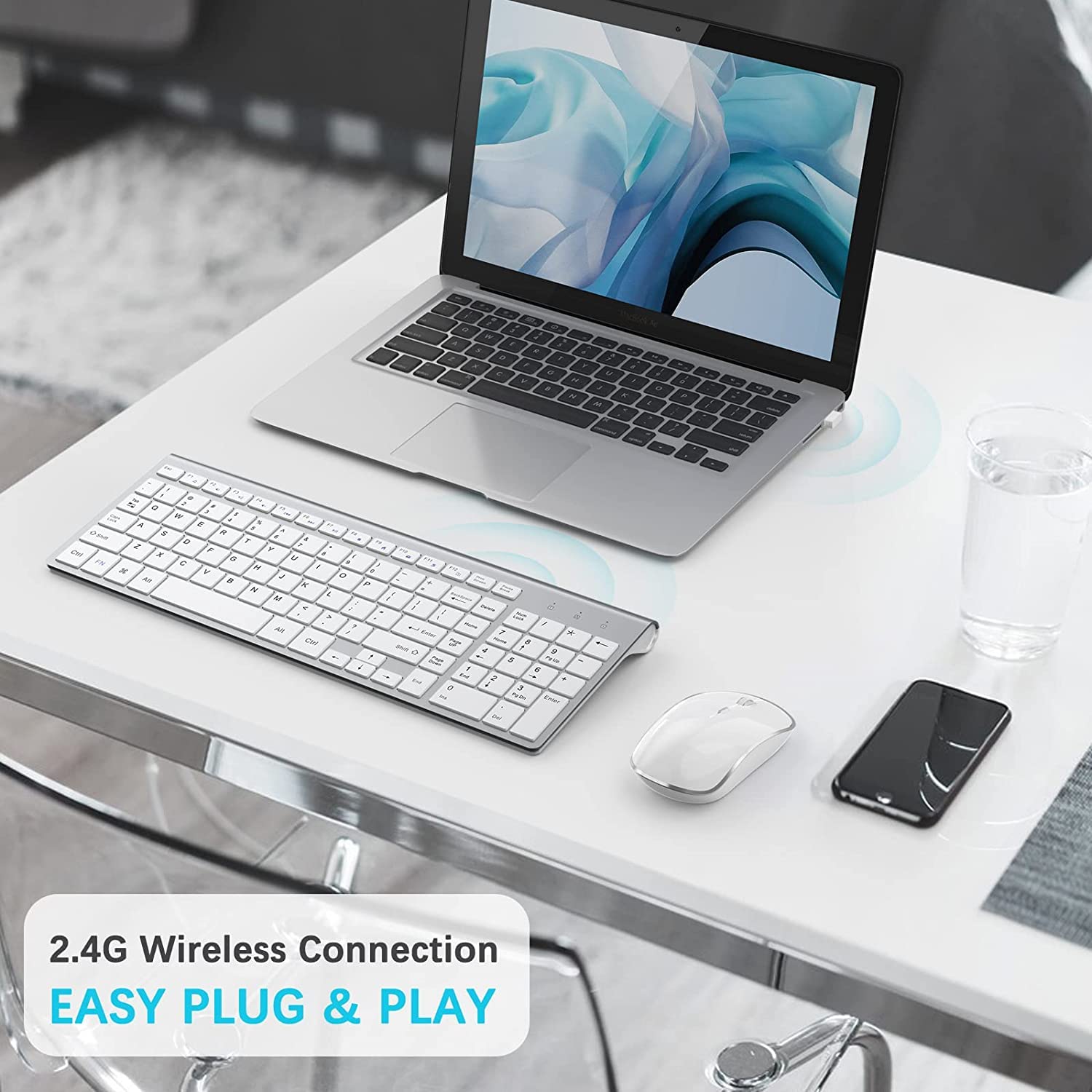 Wireless Keyboard and Mouse Combo with Numeric Keypad - Slim USB Wireless Keyboard & Mouse Set for iMac, Mac, PC, Laptop, Tablet - Compatible with Windows (Silver White) - Perfect for Office Work, Home Computing, and Gaming