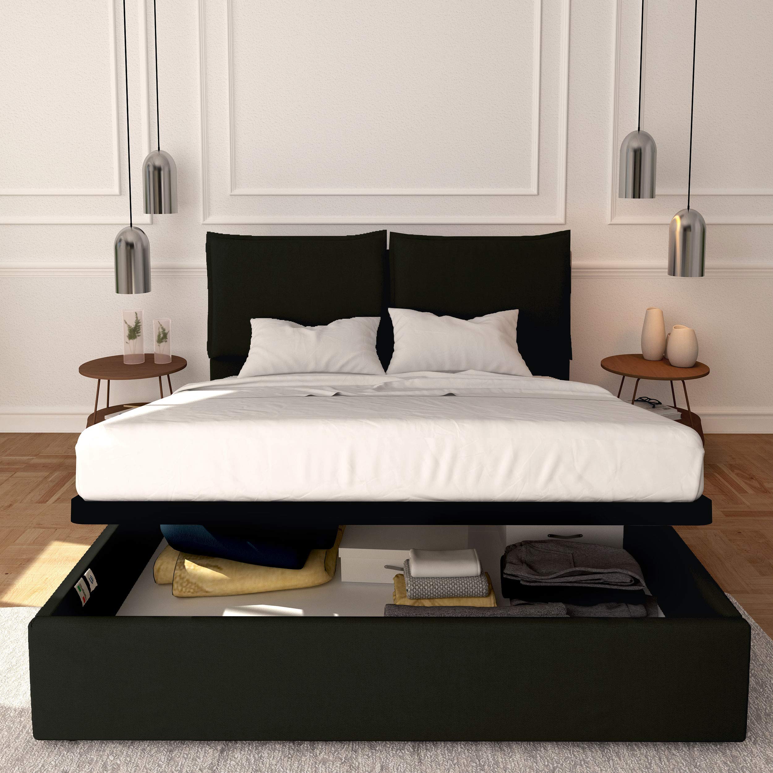 Baldiflex Licia Queen Size Bed Frame with Upholstered Headboard, Synthetic Leather, Slatted Base, Storage Drawer, 160x200cm, Black - Perfect for Modern Bedrooms & Guest Rooms
