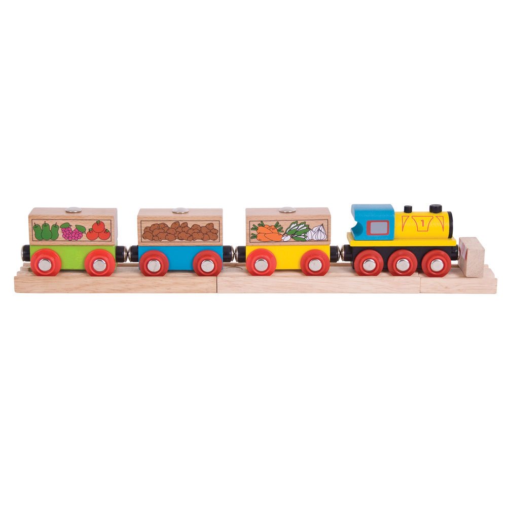 Bigjigs Rail Wooden Fruit and Veg Train Toy - Compatible with Major Wooden Railway Brands for Kids Pretend Play & Learning