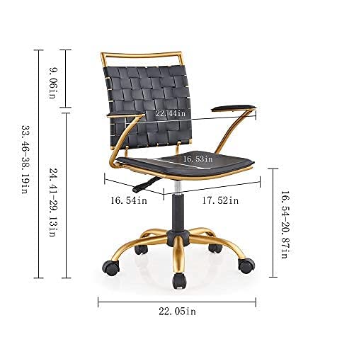 Premium Modern Leather Office Chair - Gold & Black Mid Back Swivel Task Chair with Wheels & Arms - Ergonomic Computer Desk Chair for Home & Conference Room - Comfortable for Long Work Hours (Black)