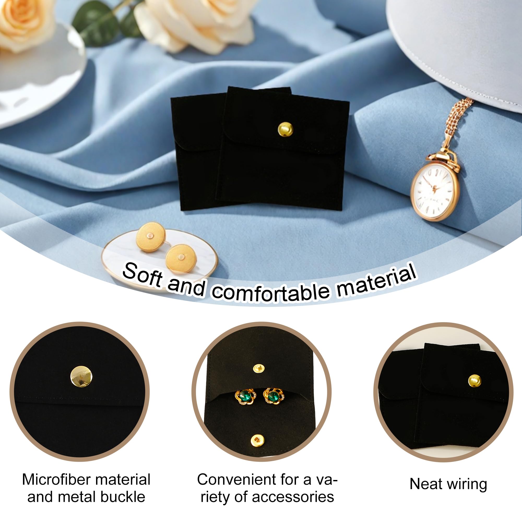 40-Piece Black Microfiber Jewelry Pouch Set with Button Closure (8x8cm) - Luxury Small Gift Bags for Earrings, Necklaces, Bracelets & Rings - Perfect for Jewelry Packaging, Wedding Favors & Retail Displays