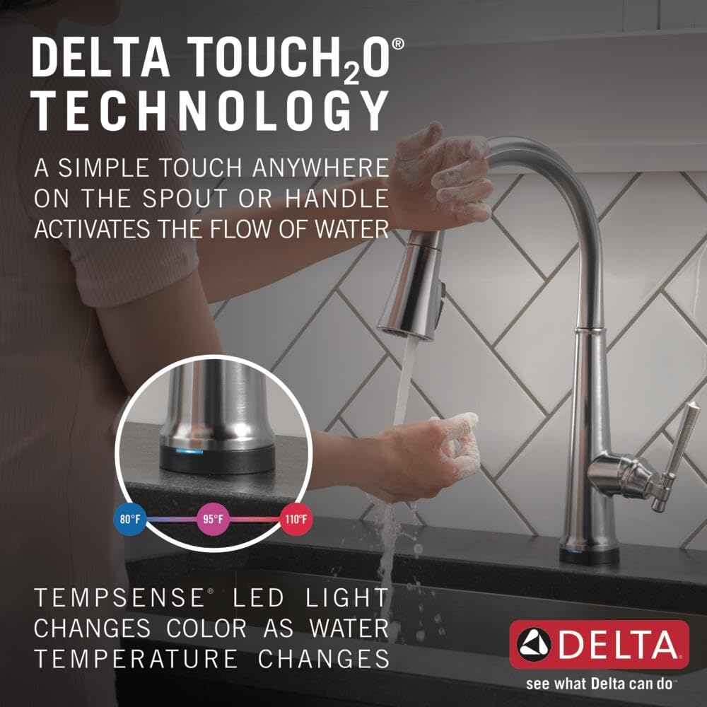 Delta 9182T-AR-PR-DST Emmeline Touch Kitchen Faucet with Pull Down Sprayer - Brushed Nickel Finish, Touch2O Technology & Lumicoat Arctic Stainless - Perfect for Modern Kitchens, Dishwashing & Food Prep