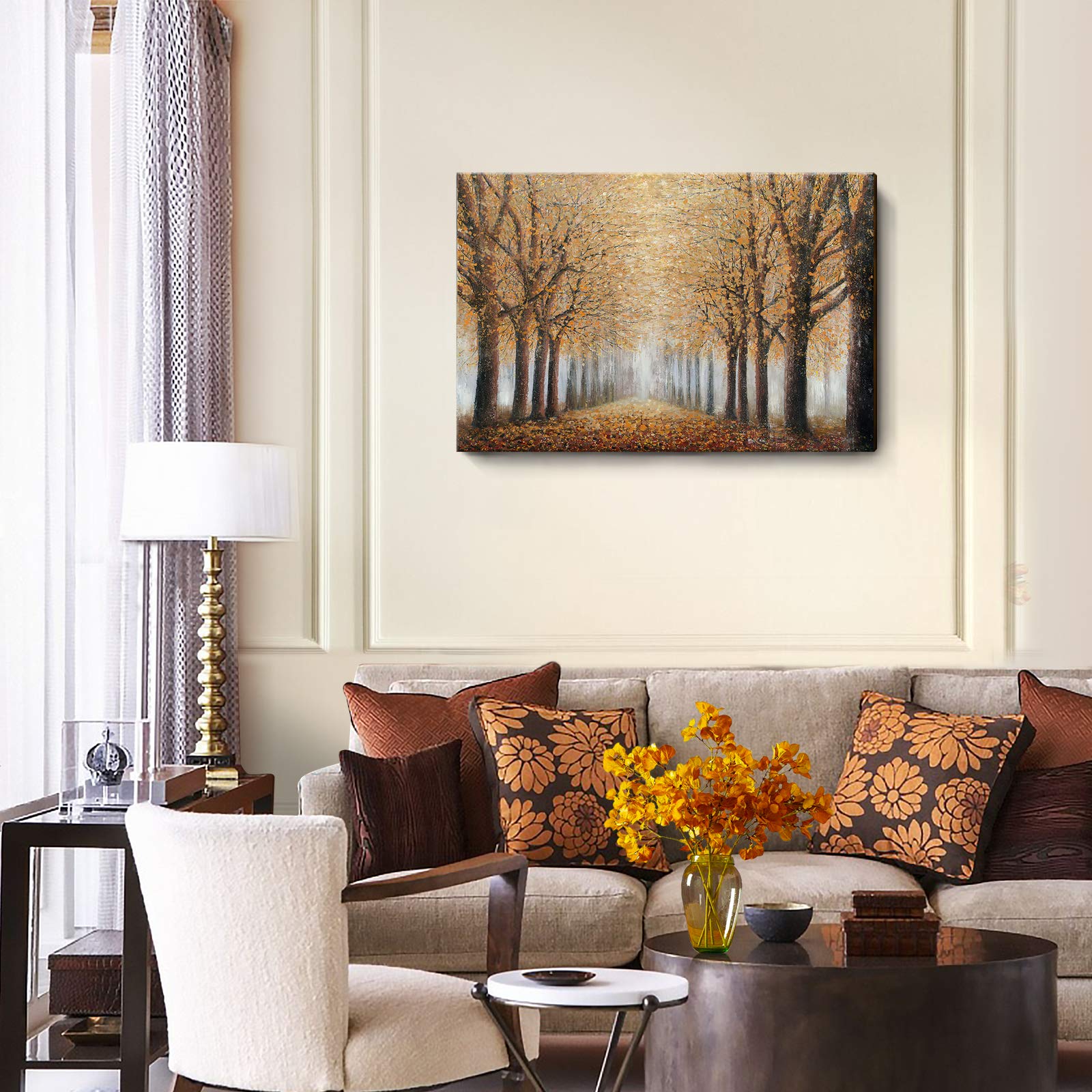 Hand-Painted Forest Oil Painting - Framed Tree Wall Art for Living Room & Bedroom Decor, Autumn Landscape Canvas Picture (36