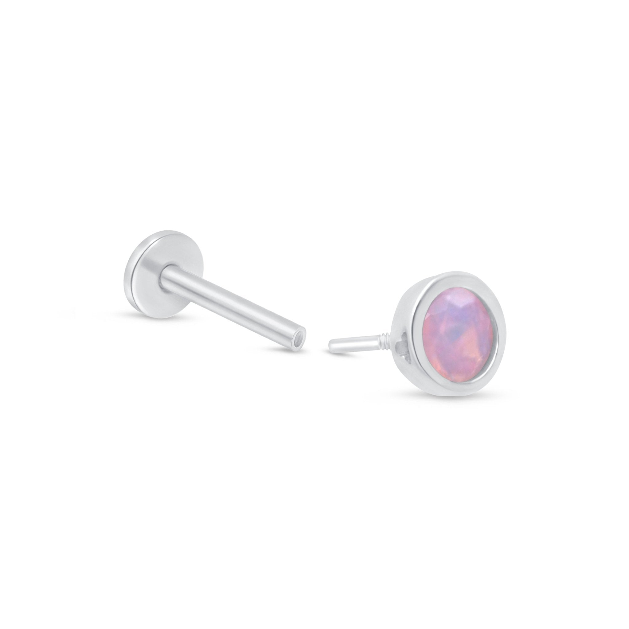 14K White Gold Round Pink Opal Flat Back Stud Earrings - Bezel Set Gemstone Jewelry for Women, Gift for Her, Birthday, Anniversary, Valentine's Day