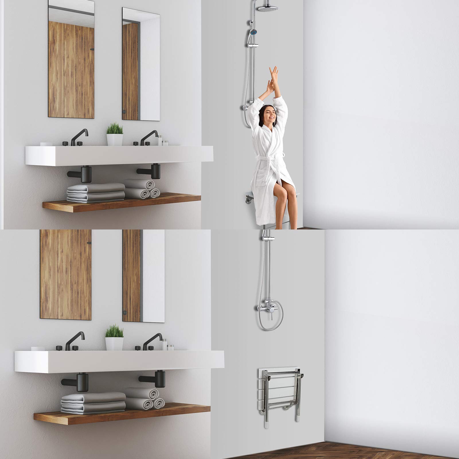 **Wall Mounted Folding Shower Seat – Solid Wood Bathroom Safety Stool with Support Legs, 350 lbs Weight Capacity, 14.88