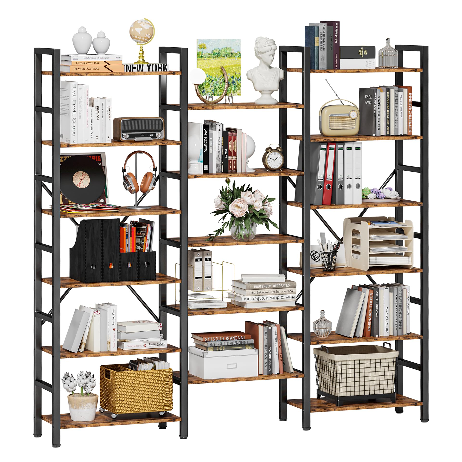 IRONCK 6-Tier Triple Wide Industrial Bookshelf - Large Open Display Shelf with Sturdy Metal Frame for Living Room, Bedroom & Home Office - Perfect for Book Storage, Home Decor and Organization
