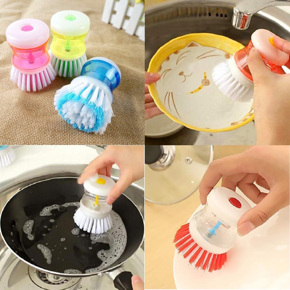 ServEzee Dish Cleaning Brush with Soap Dispenser - 4 Pack Kitchen Scrub Brushes for Pots, Pans & Utensils - Heavy Duty Plastic Dishwashing Brush for Sinks, Countertops & Household Cleaning