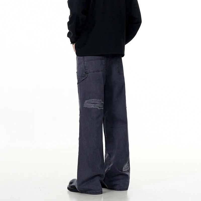 **Men's Cargo Jeans - Straight Wide Leg with Stylish Pockets | Trendy Hole & Solid Color Design | Casual Summer Bottoms for Outdoor & Streetwear | Model 9W1894**