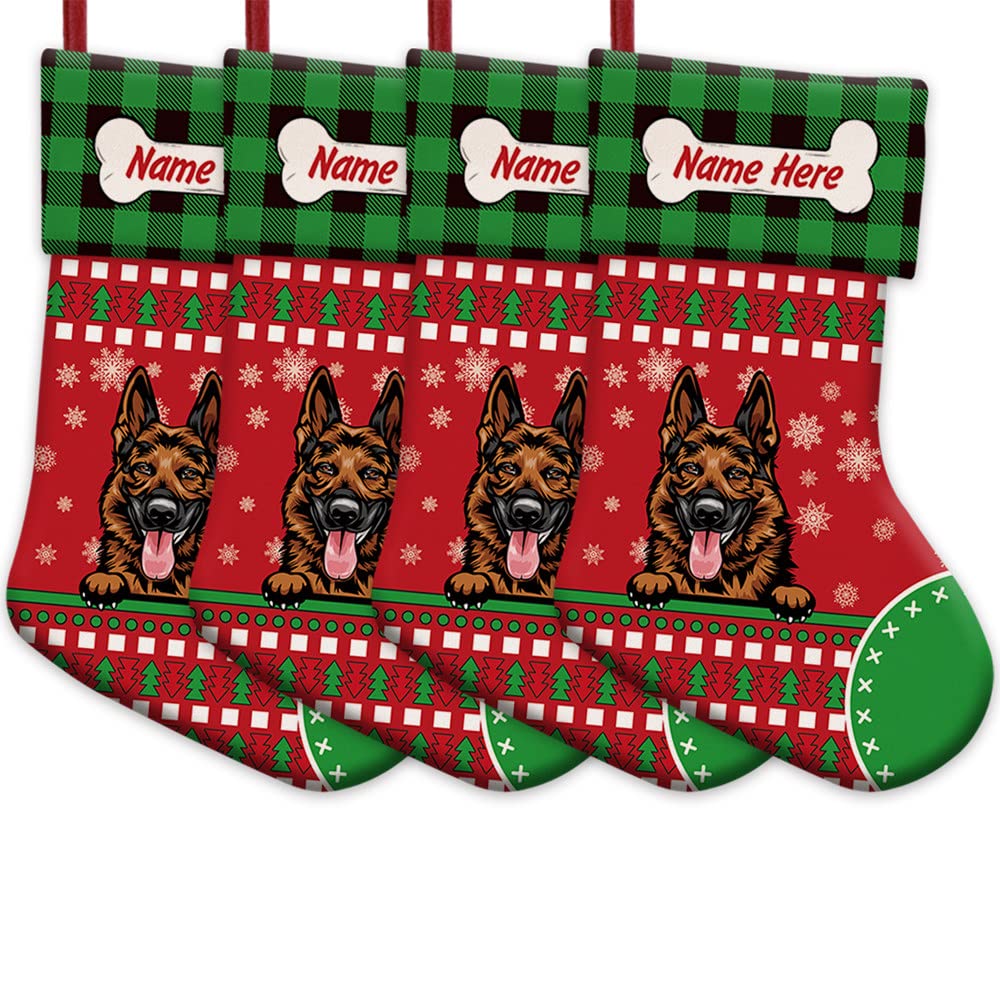 4 Pack Custom Christmas Stockings - Red with Cute German Shepherd Dog, Bone & Buffalo Plaid Snowflake Design - 14.4 Inch Holiday Decor for Fireplace Mantel, Xmas Tree, Gift Giving & Home Decoration