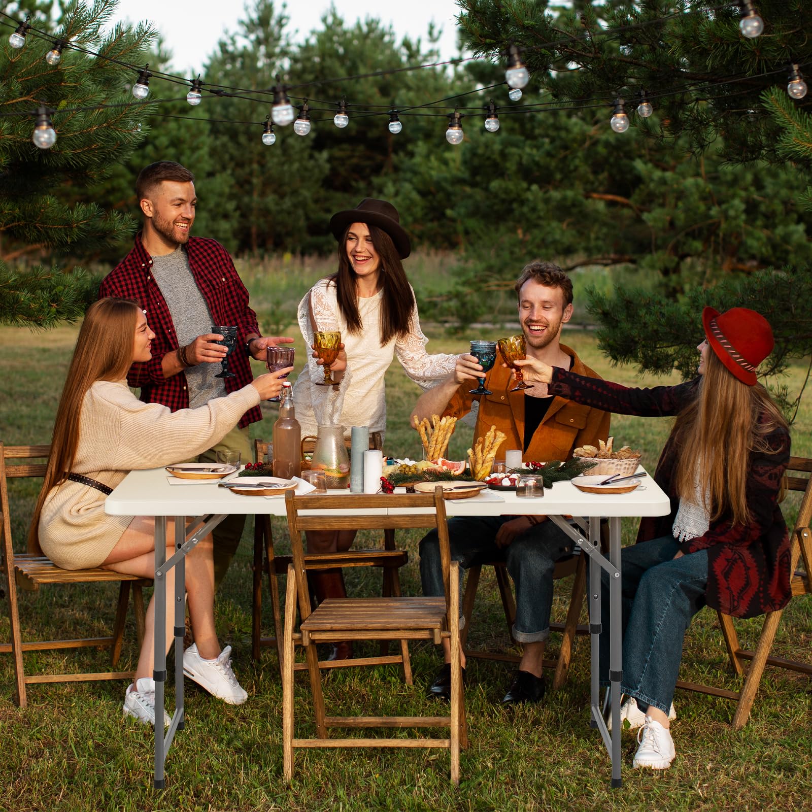 4ft Small Folding Table - Portable Plastic Fold-in-Half Card Table with Adjustable Height - Perfect for Picnics, Camping, Parties & Indoor/Outdoor Use - White