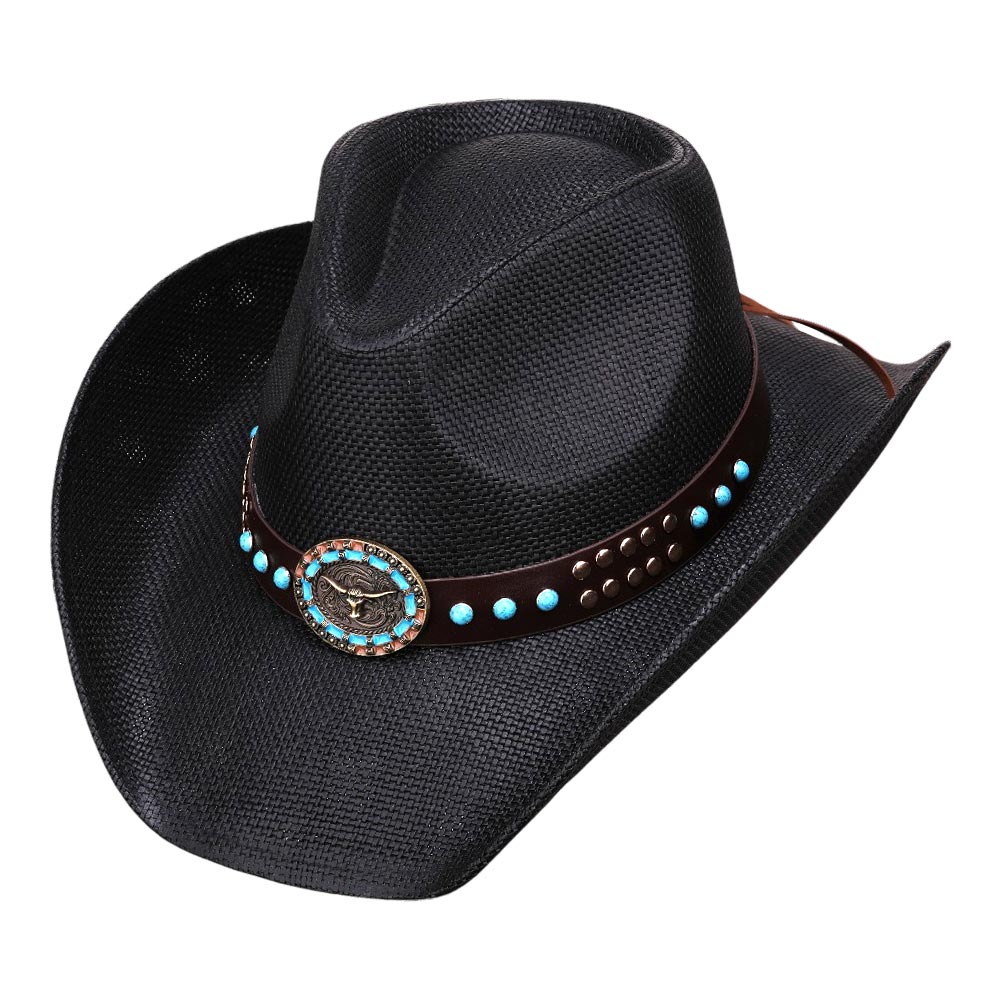 Turquoise Stone Embellished Metal Steer Head Studded Black Western Cowboy Hat for Men & Women - Perfect for Rodeo, Country Music Festivals and Western Themed Parties