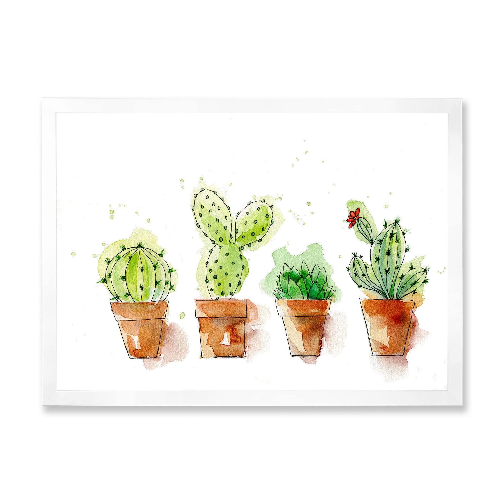 DesignQ Cacti in Ceramic Pots - Gentle Tone Traditional Framed Wall Art for Living Room, Bedroom & Office Decor