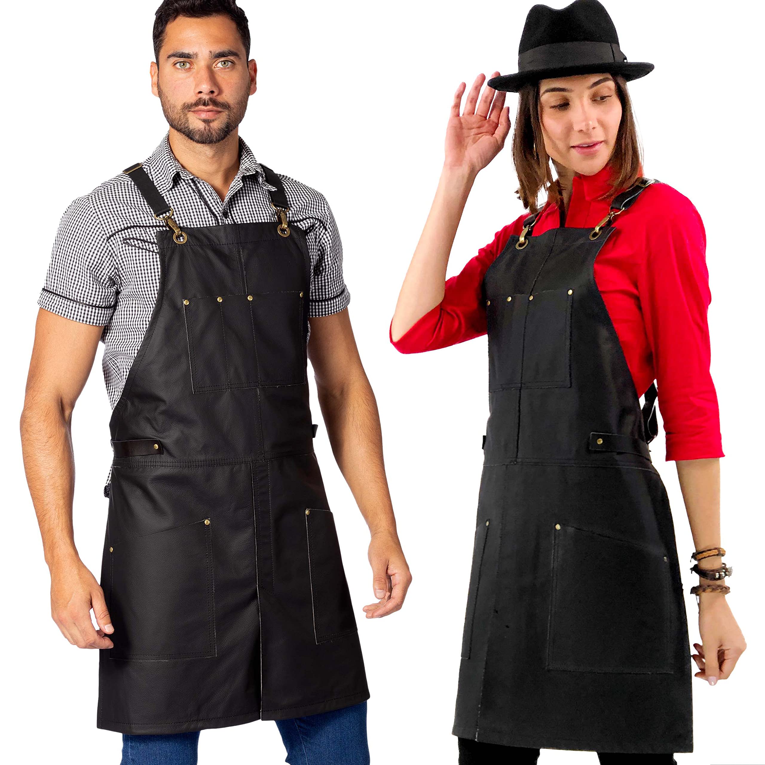 Genuine Leather Apron for Barbers, Chefs & Bartenders - Cross-Back Straps, Split-Leg Design with Riveted Lining - Premium Black Leather Work Apron for Cooking, Coffee Brewing & Crafting - Under NY Sky Brand