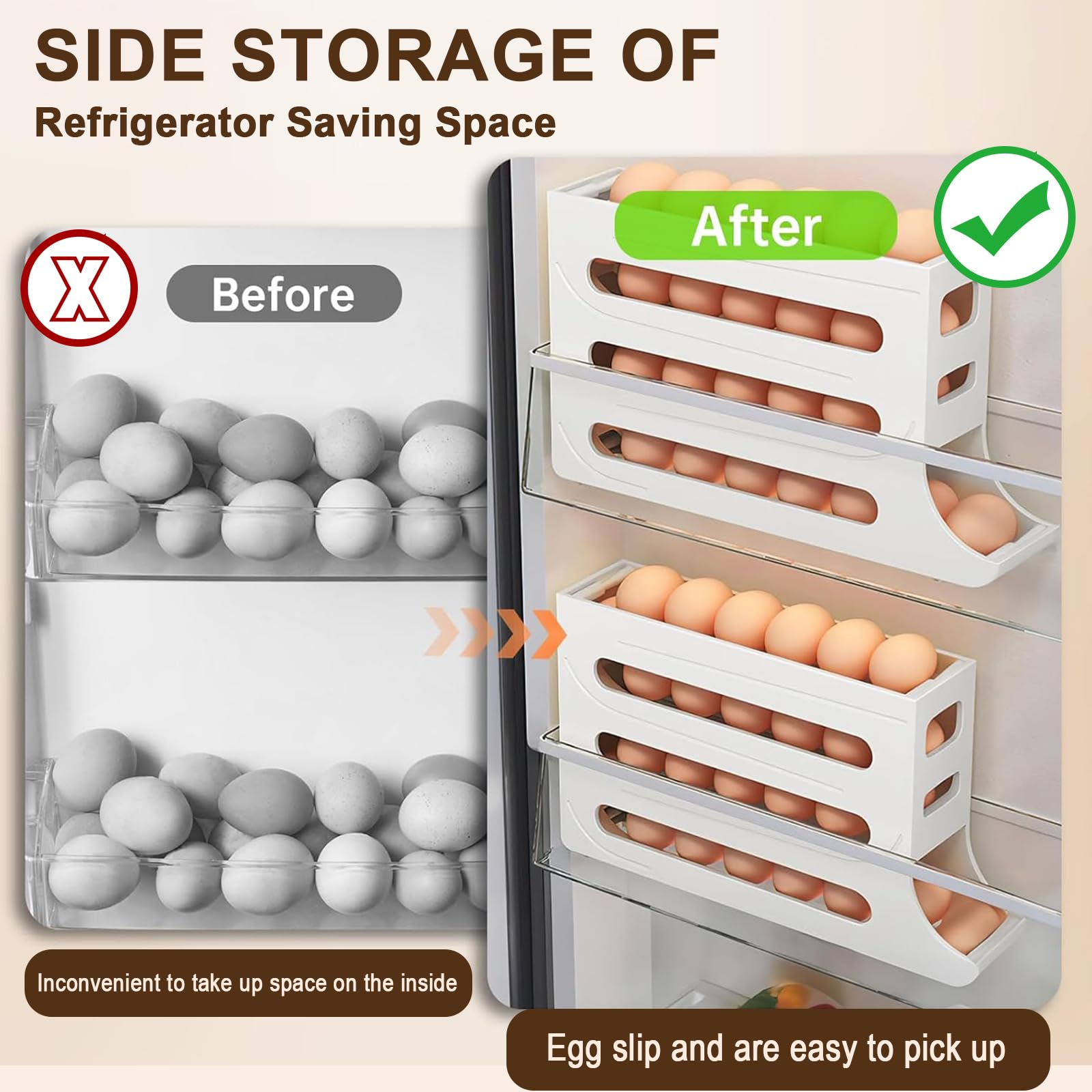 4-Tier Auto Rolling Fridge Egg Organizer - Space Saving Refrigerator Egg Holder & Dispenser - Yellow - Perfect for Kitchen Organization & Easy Breakfast Prep