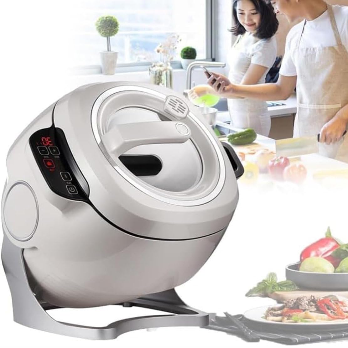 2000W Commercial Food Processor, 6L Large Capacity Intelligent Automatic Cooking Machine with 360° Rotating & 3D Heating - Smart Touch Screen Drum Type Food Processor for Restaurant, Bakery & Catering Business - Perfect for Dough Kneading, Vegetable Chopping & Sauce Mixing