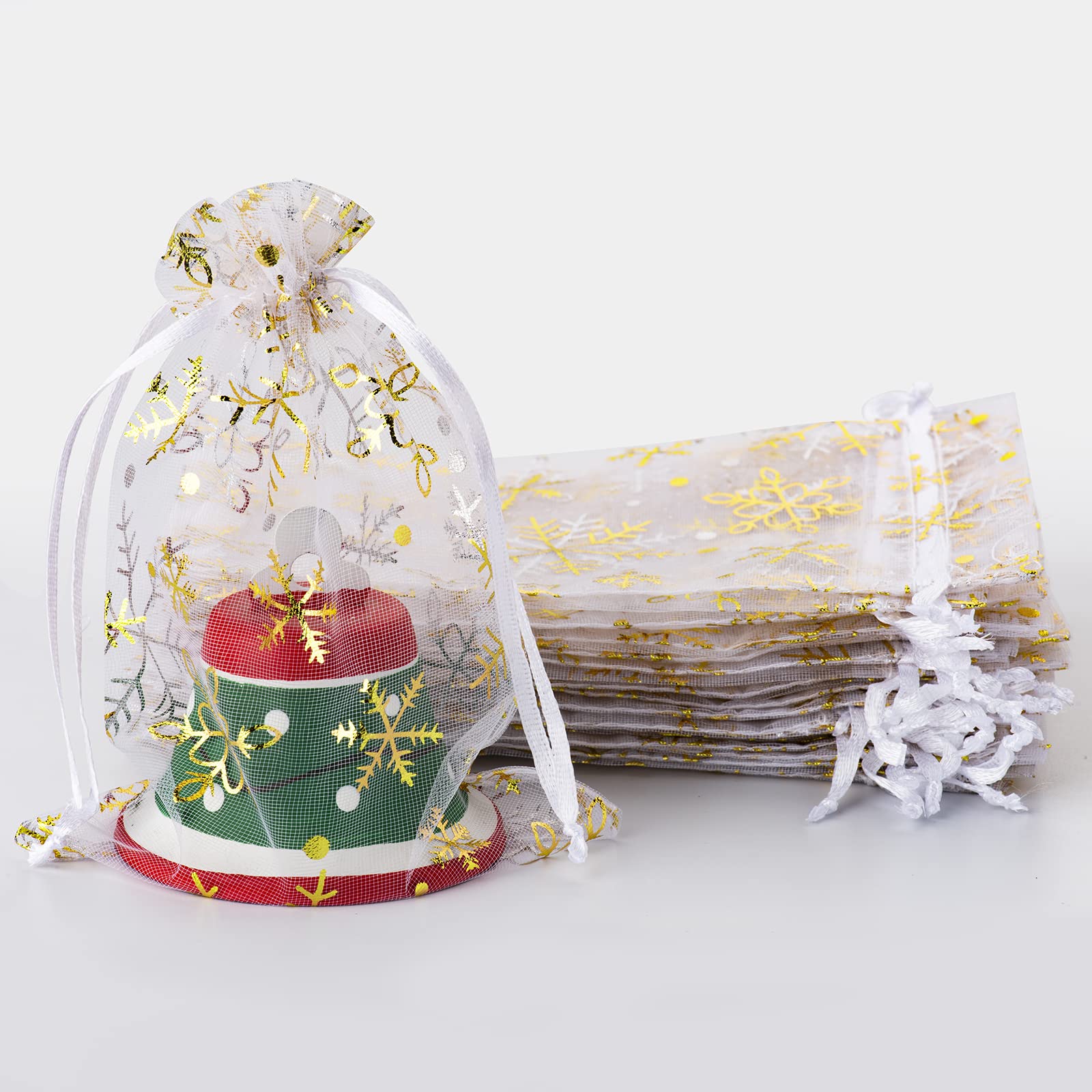 HongyiTime 100 PCS 4X6 inch White Snowflake Organza Gift Bags - Christmas Jewelry Pouches & Drawstring Candy Bags for Party Favors, Wedding Gifts, Holiday Decorations