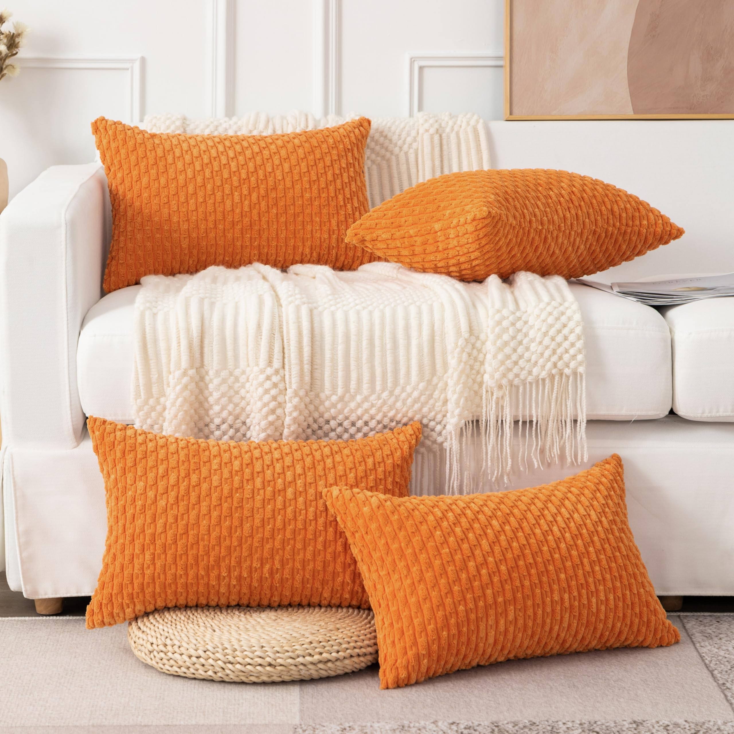 UGASA Soft Corduroy Pillow Covers Set of 4 - 12x20 Inch Boho Stripe Decorative Lumbar Pillow Cases for Sofa, Couch & Bed - Fall Home Decor in Modern Farmhouse Style (Orange) - Perfect for Living Room, Bedroom & Cozy Reading Nook