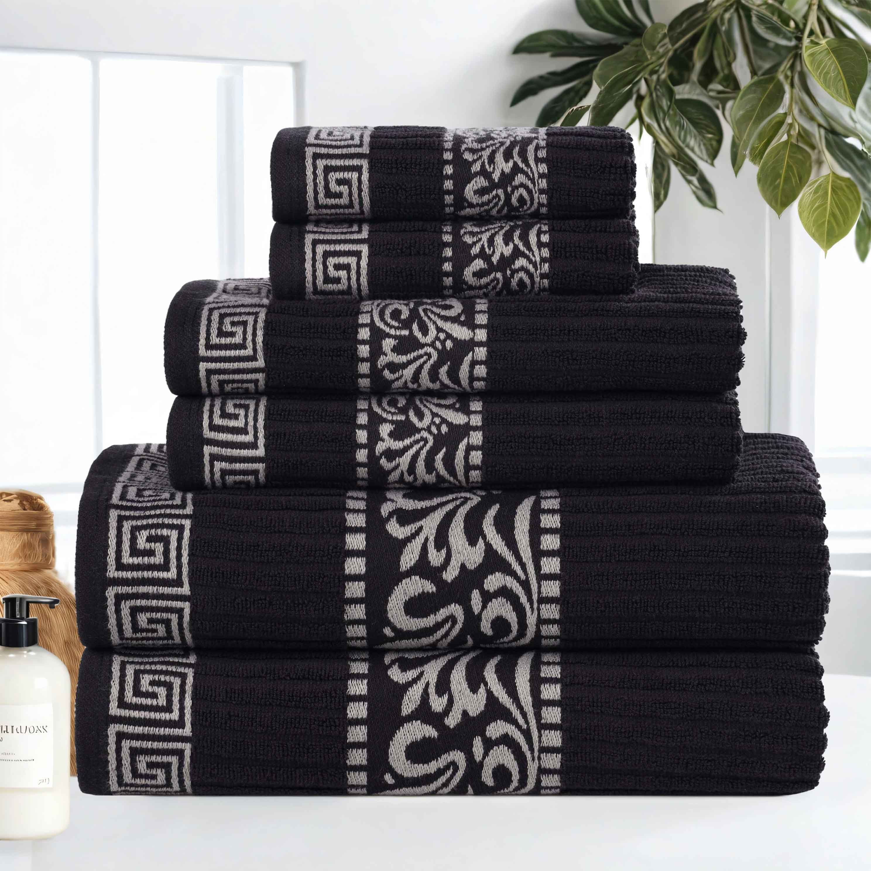 Premium Athens Cotton Greek Scroll & Floral 6-Piece Bath Towel Set - Soft & Absorbent for Spa, Bathroom & Guest Use
