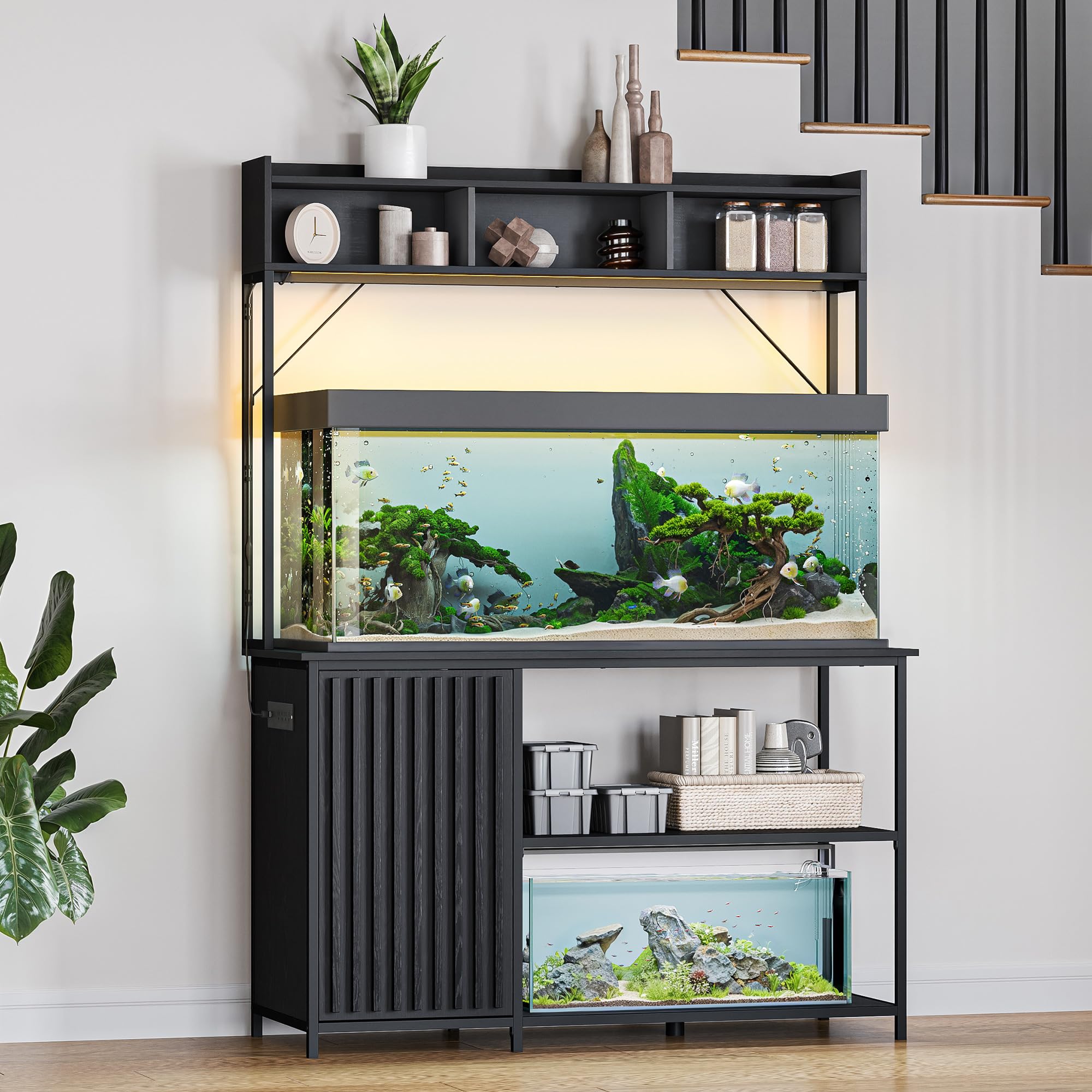 BELLEZE 55-90 Gallon Heavy Duty Aquarium Stand with LED Lights & Power Outlets - Fluted Cabinet for Fish Tank Accessories Storage, 1200 LBS Capacity - Perfect for Turtle Tanks, Reptile Terrariums & Home Aquarium Setups (Black Ebony)