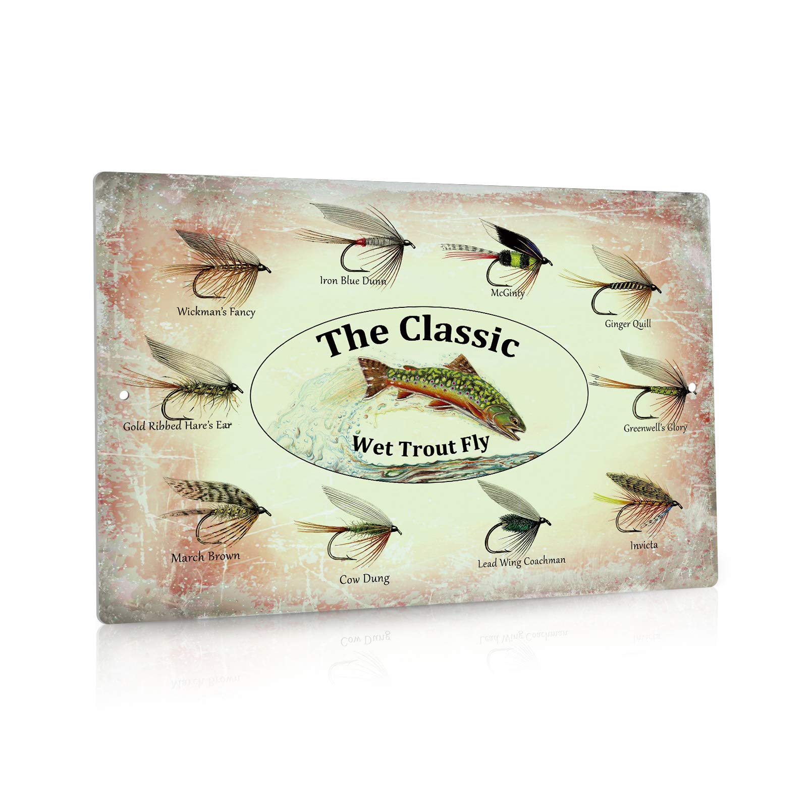 Vintage Fishing Wall Art - Classic Wet Trout Fly Metal Sign for Man Cave, Bar & Lake House Decor (12x8 Inch)