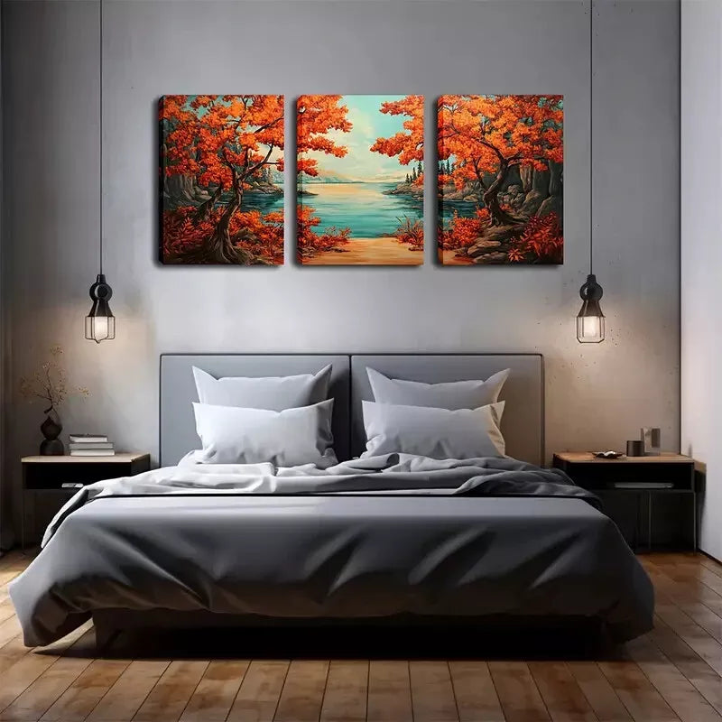 3-Piece Autumn Trees and Lake Landscape Wall Art Set - Framed Canvas 40x60cm - High Quality Print - 100% Australian Made - Ready to Hang - Perfect for Living Room, Bedroom & Office Decor