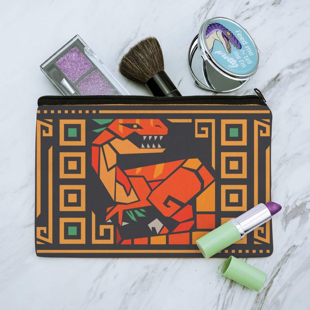 Stylish Geometric Velociraptor Dinosaur Cosmetic Bag - Aztec Mayan Inspired Makeup Pouch Organizer for Travel, Gym & Daily Essentials