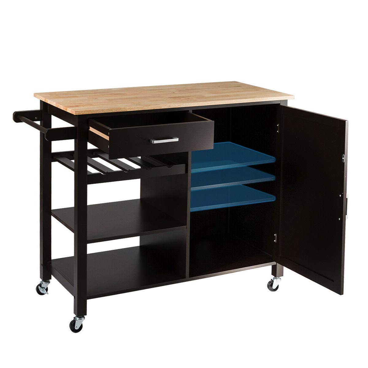 HPW Rolling Kitchen Island Cart with Drawer, Shelves & Wine Rack - Rubber Wood Countertop for Silverware Storage | Organize Utensils, Towels & Kitchen Essentials | Perfect for Small Spaces, Entertaining & Meal Prep