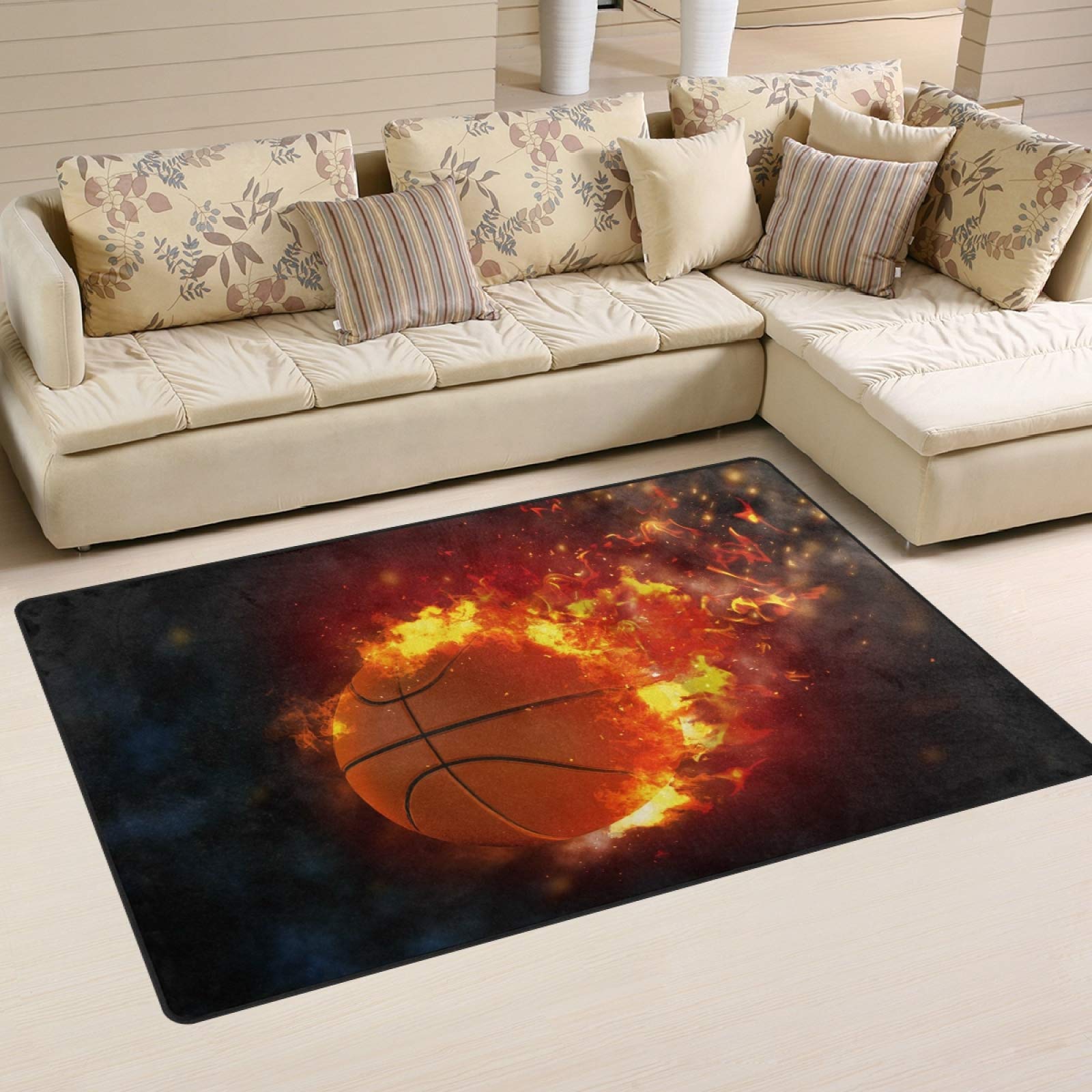 ALAZA Basketball on Fire Space Themed Area Rug - 31 x 20 Inches Non-Slip Carpet for Living Room, Bedroom, Game Room & Dorm Decor - Perfect for Sports Fans and Teen Boys Bedroom