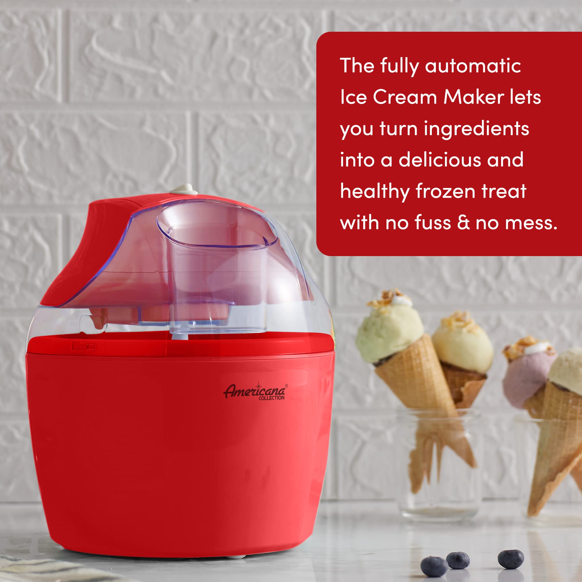 Americana EIM-1400R 1.5 Quart Electric Ice Cream Maker - Automatic Homemade Ice Cream Machine with Freezer Bowl, No Salt Needed - Make Creamy Ice Cream, Gelato, Frozen Yogurt & Sorbet - Includes Recipe Book & Ingredient Chute - Perfect for Parties, Family Gatherings & Summer Treats