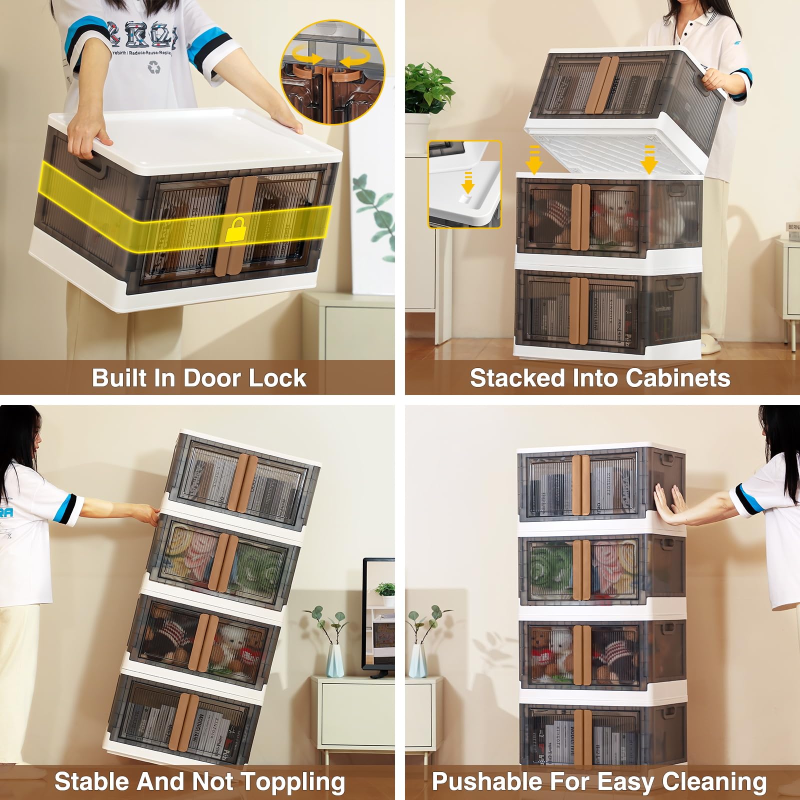 4-Pack 100Qt (25 Gallon) Stackable Plastic Storage Bins with Lids & Wheels - Foldable Closet Organizer, Storage Cabinet with Doors for Home, Dorm, Office, Garage (V6 Brown) - Perfect for Clothes, Toys, Seasonal Items & Household Organization