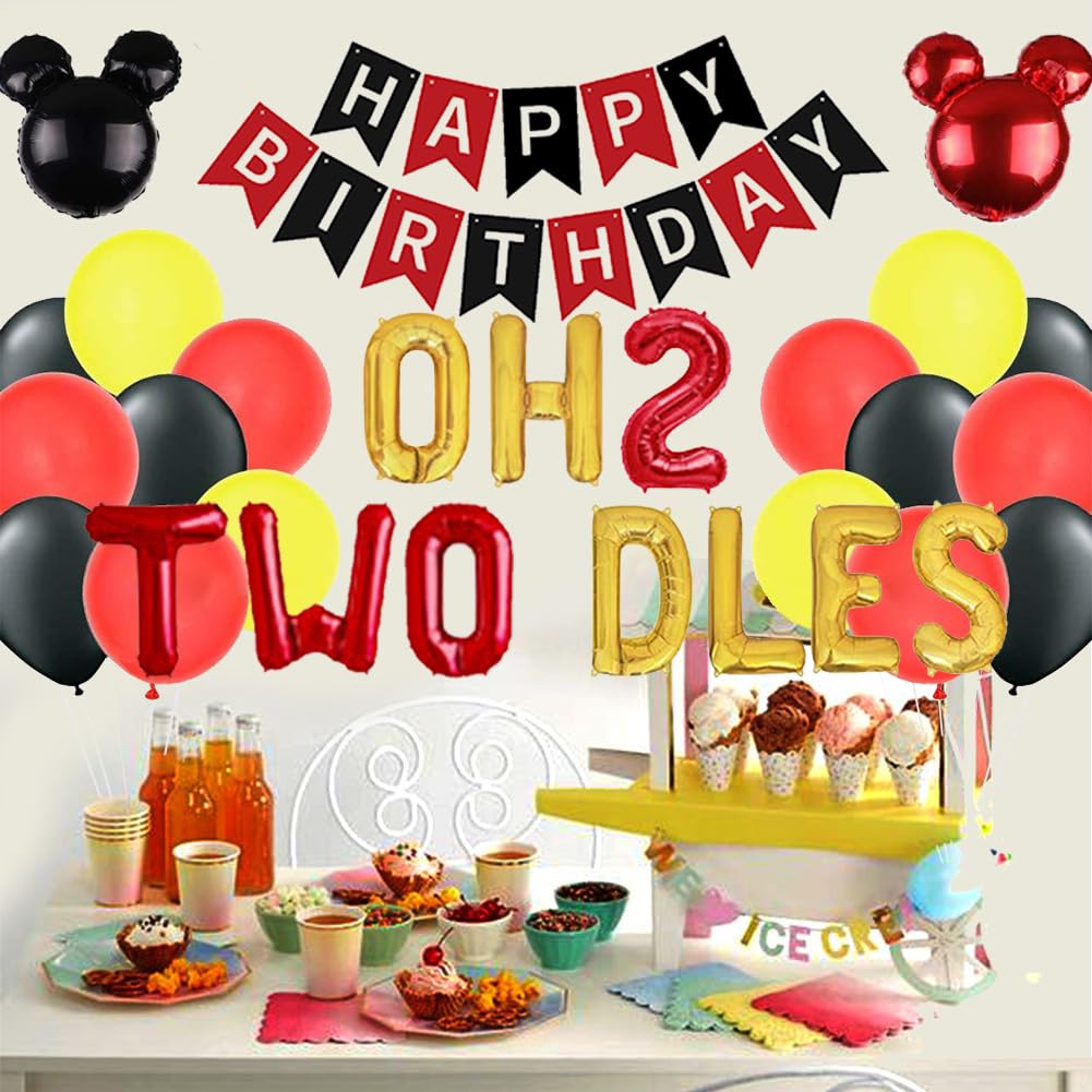 Oh Twodles Birthday Party Supplies - Mickey & Minnie Themed 2nd Birthday Decorations Set with Balloons, Banner & Garland for Boys & Girls | Perfect for 2nd Birthday Parties, Baby Showers & Disney Themed Celebrations