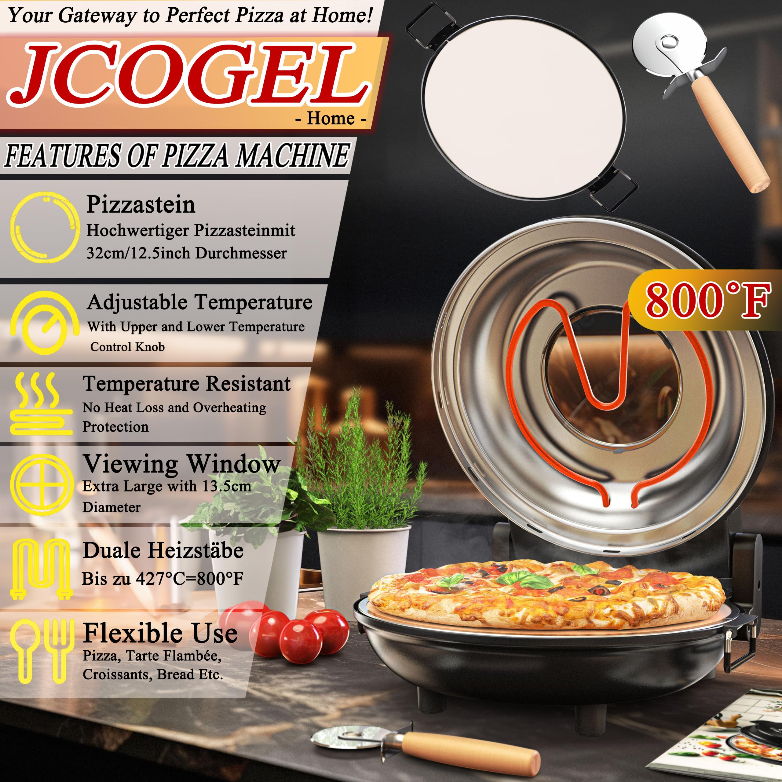 12 Inch Electric Pizza Oven Indoor - 1200W Portable Countertop Pizza Maker with Viewing Window, Heats Up to 800°F - Perfect for Home, Dorm, RV & Small Spaces - Make Restaurant-Quality Pizzas, Flatbreads & More