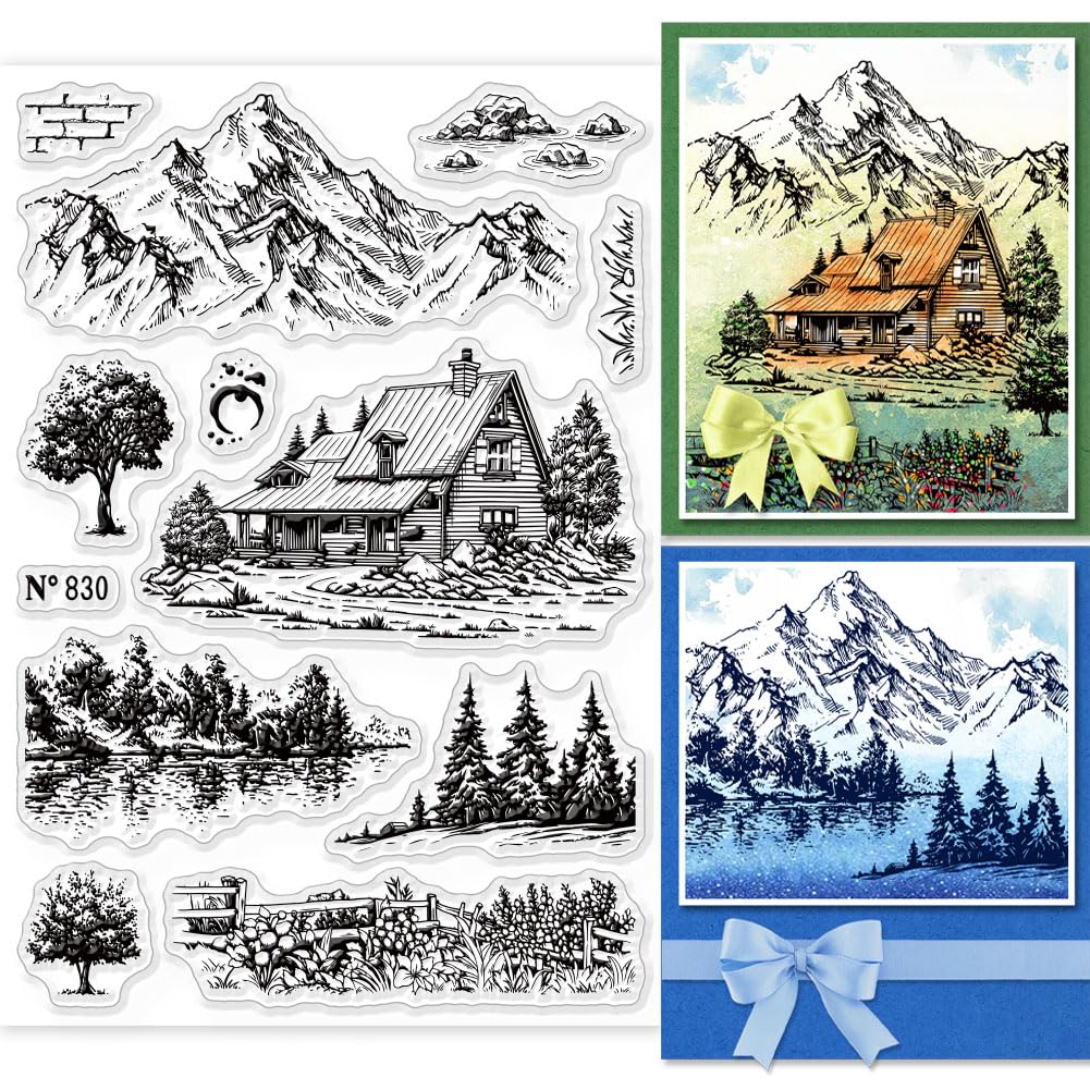 GLOBLELAND Clear Stamps Set for Scrapbooking - Tree, Bridge, River, House & Mountain Scenery Stamps (6.3×4.33 inch) - Perfect for DIY Photo Albums, Greeting Cards, Journaling and Craft Projects