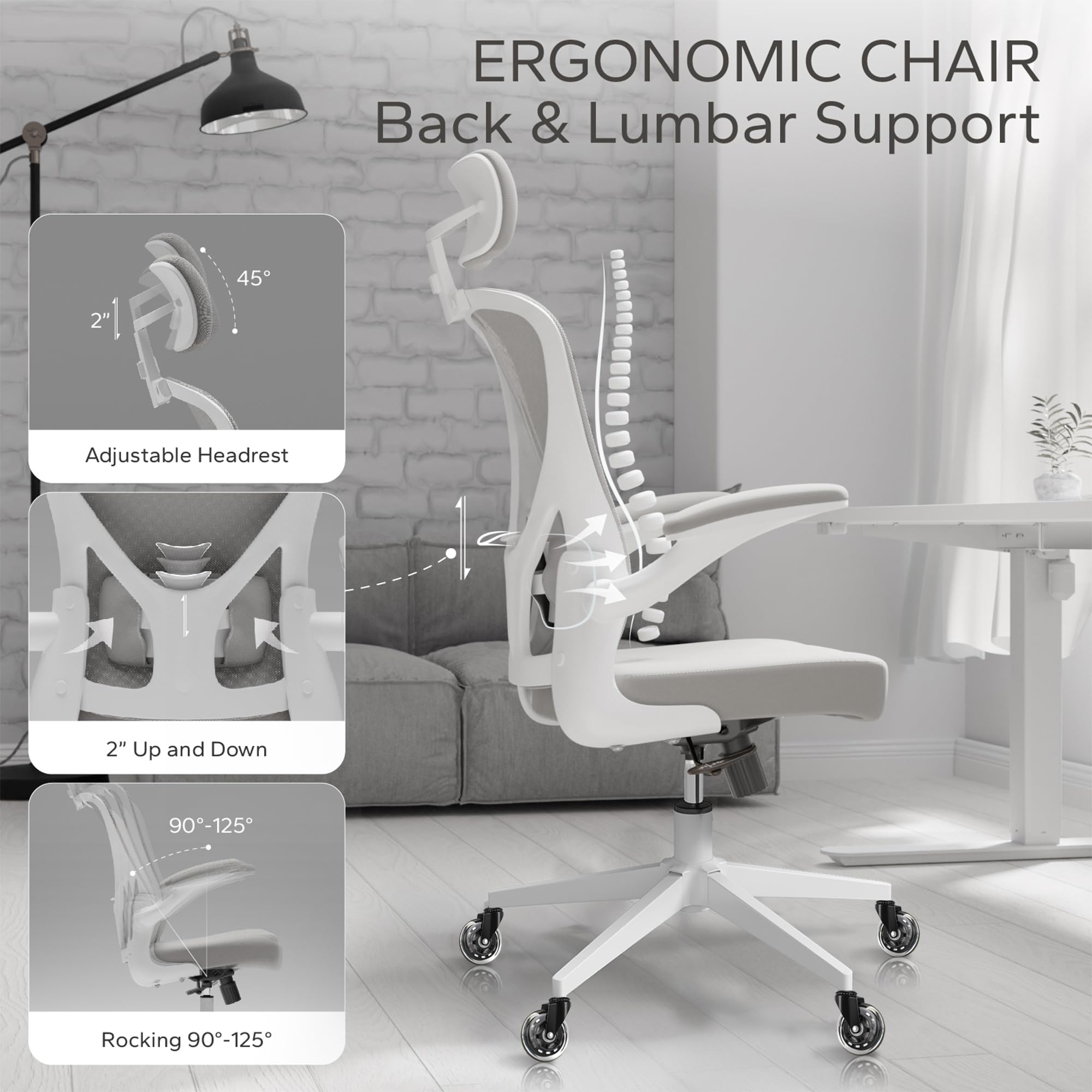 Ergonomic Office Chair with Lumbar Support & Adjustable Armrests - Rolling Desk Chair for Home Office - Comfortable Computer Chair for Work & Study (Gray) - Perfect for Remote Work, Gaming & Long Study Sessions