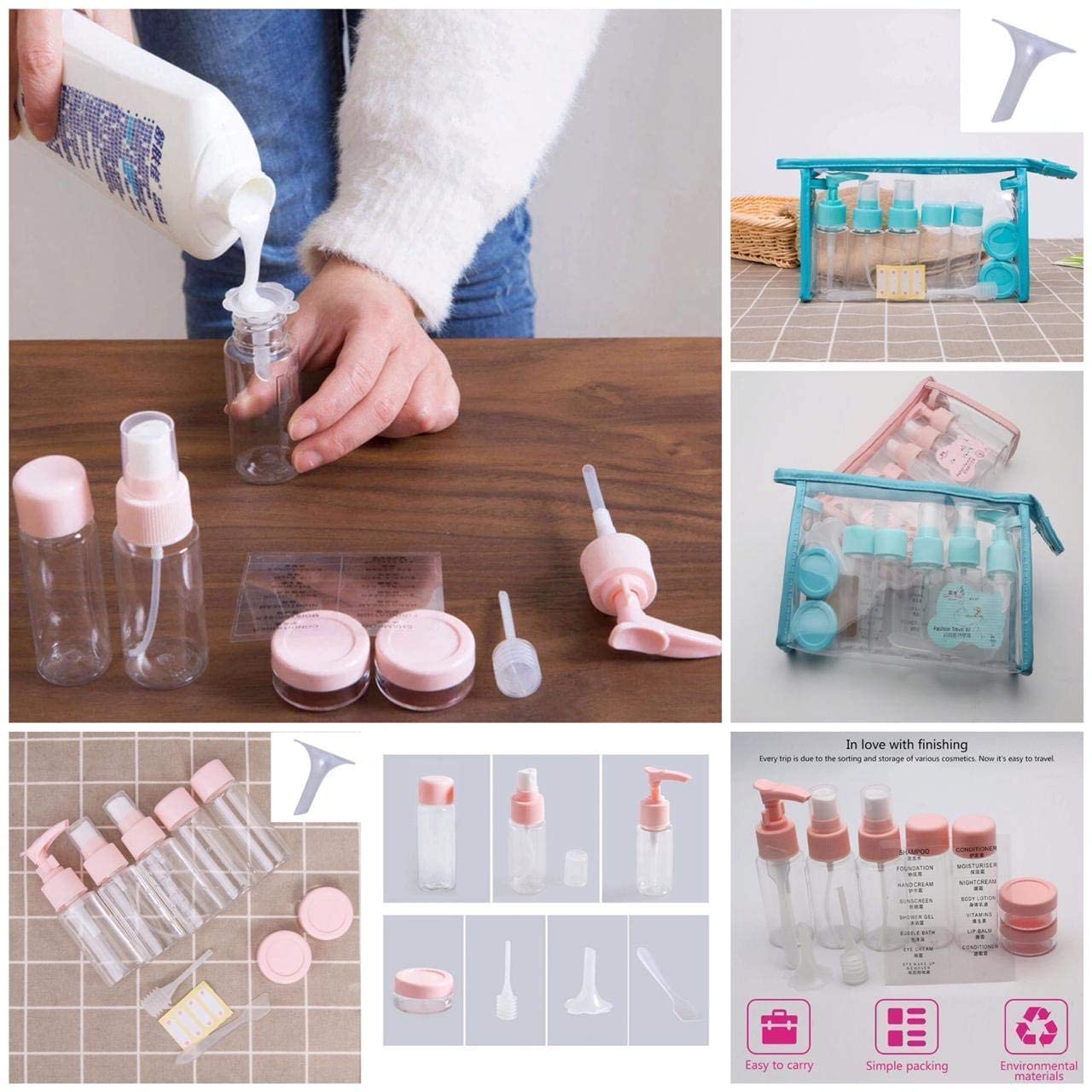 LIBAH Plastic Multipurpose Cosmetic Travel Pouch Kit - 2 Empty Refillable Bottles & Jars for Toiletries, Makeup, Skincare (Multi Color, 1 Set) | Perfect for Air Travel, Gym, Camping & Home Organization