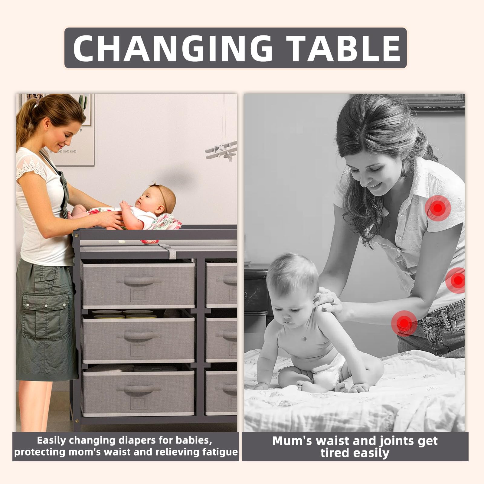 Modern Baby Changing Table with 6 Storage Drawers & Changing Pad - Nursery Organization Essential for Diaper Changes & Baby Care (Grey)