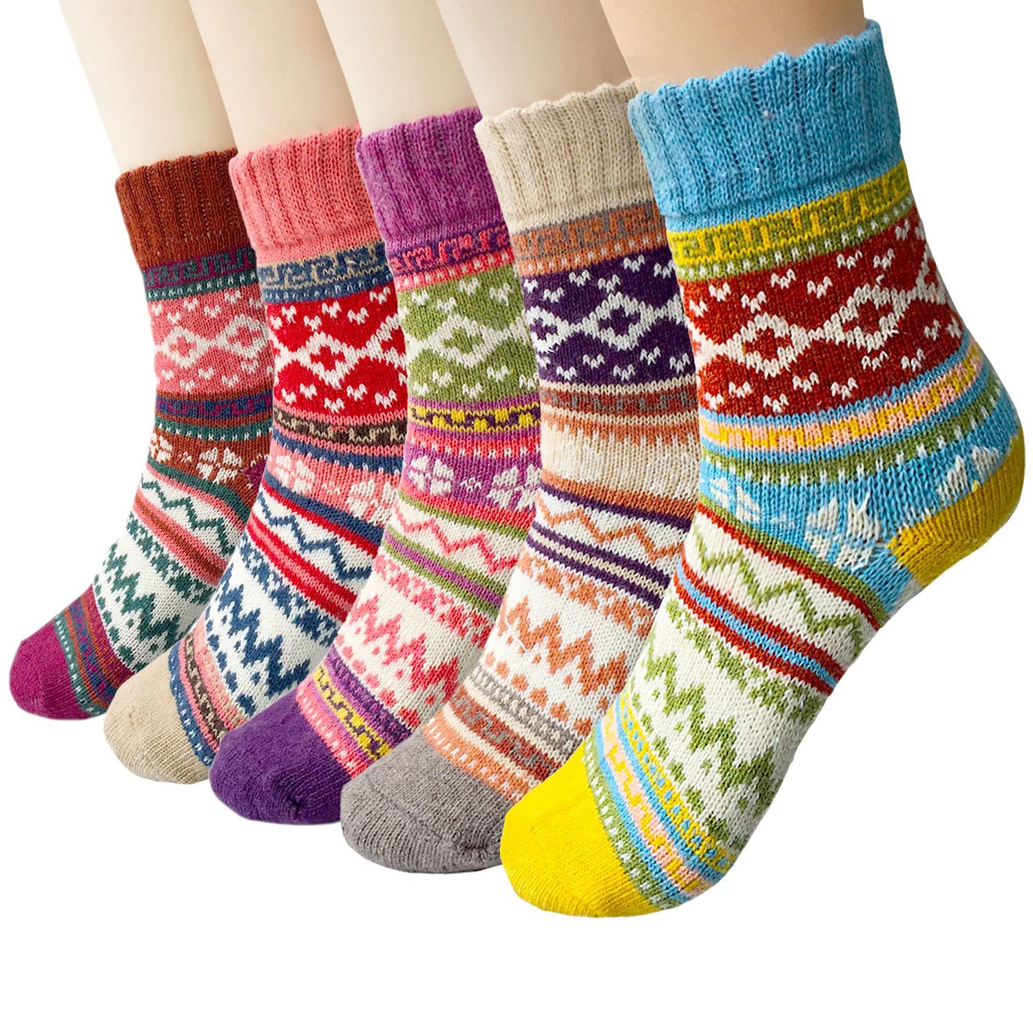 CUQOO 5-Pack Women's Thermal Socks - Breathable Wool Winter Socks for Ladies | Warm Nordic Style Socks for Cold Weather | Perfect for Hiking, Skiing & Christmas Gifts