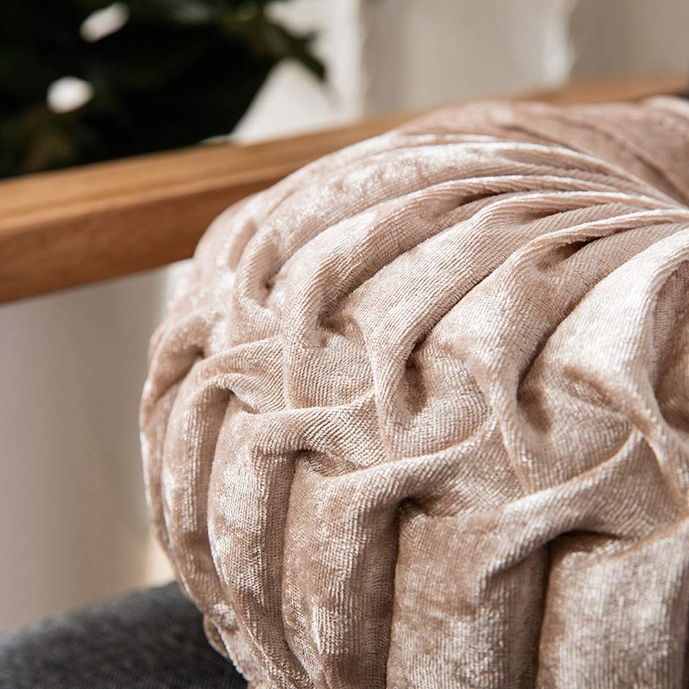 Zituop 13.8-inch Round Velvet Throw Pillows - Pleated Decorative Cushion for Couch, Bed, Sofa & Bedroom - Pumpkin Shape Home Decor in Beige | Perfect for Living Room Accent, Cozy Reading Nook & Seasonal Home Styling