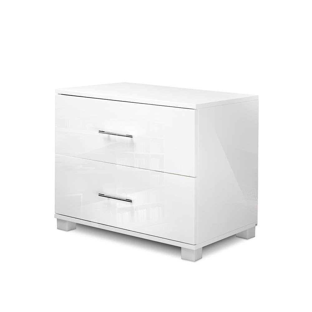 Modern White High Gloss Bedside Table with 2 Drawers - Nightstand for Bedroom, Living Room, or Office - Compact Storage Furniture with Smooth Finish