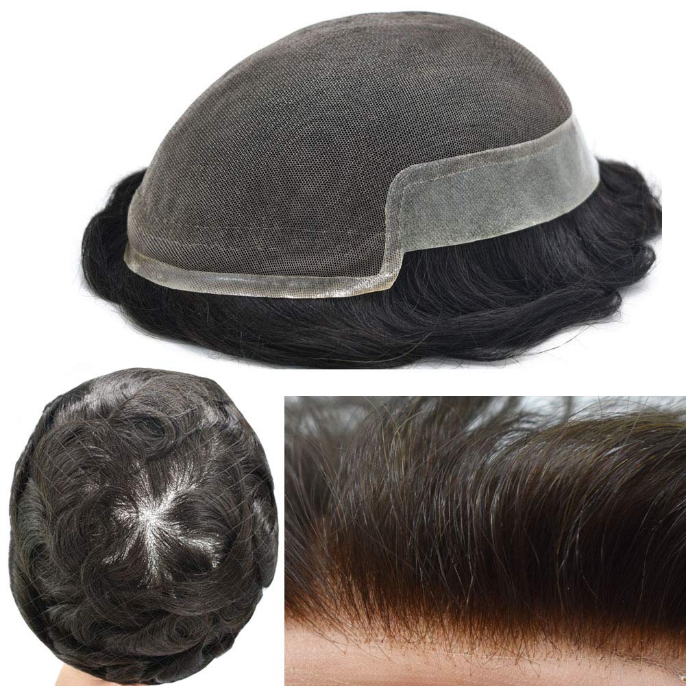 Men's Swiss Lace Toupee Hair System - 7x9 Inch Human Hair Replacement Piece for Thinning Hair (Jet Black #1, Medium-Light Density) - Natural Looking Hairpiece for Daily Wear & Special Occasions