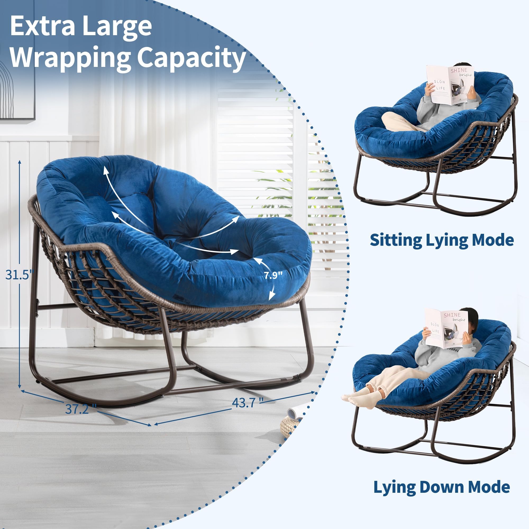 Oversized Wicker Papasan Glider Rocking Chair - Comfortable Patio & Indoor Rocker Recliner for Living Room, Nursery, Bedroom, Front Porch - Blue Accent Lounge Chair for Relaxing, Reading & Napping (1 Chair)